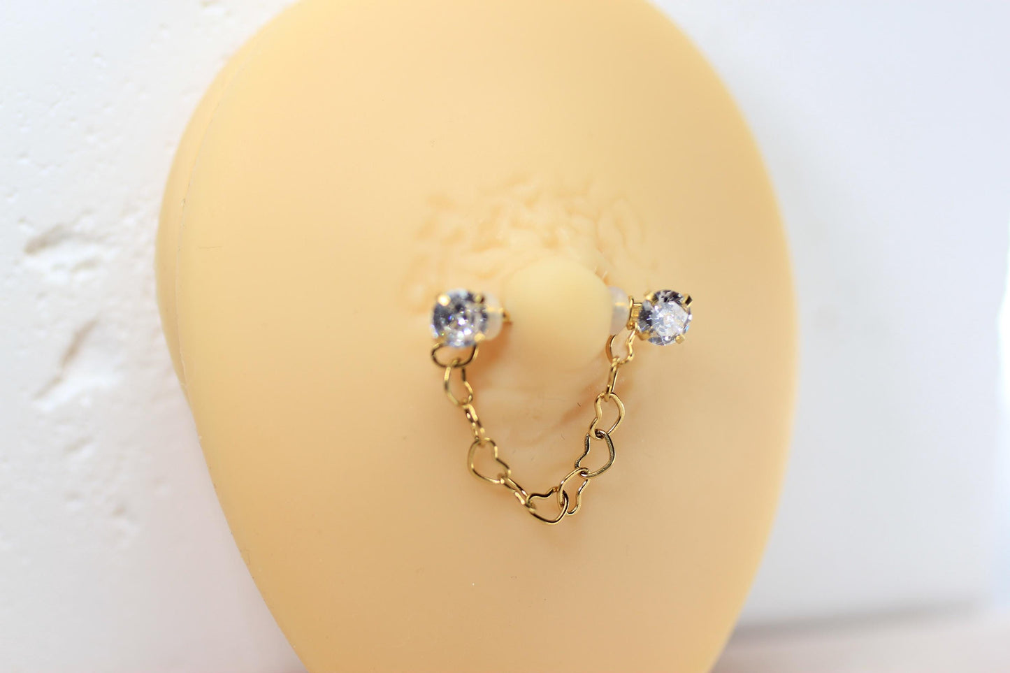 14g Gold Nipple Barbell, Dangling Heart Chain CZ Prong Nipple Piercing, Minimalist Piercing, Surgical Steel Body Jewelry.