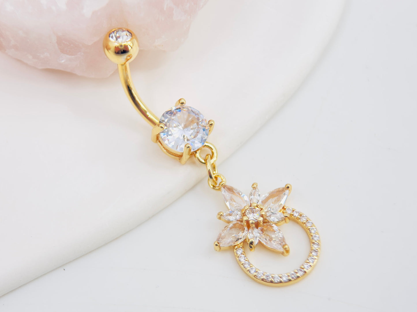 14g Gold Dangling Belly Button Ring, Dainty  Sparkling Floral Belly Ring,  Navel Piercing Jewelry