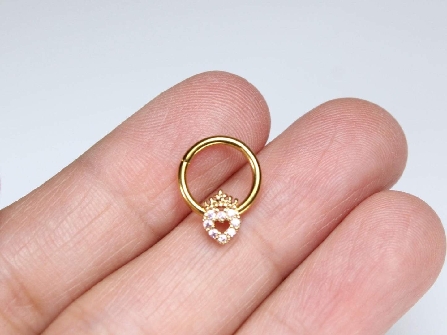16G Gold Septum Clicker Ring Hoop, Dainty Pink Heart Septum Piercing Jewelry, Septum Nose Piercing Body Jewelry. Gold Nose Jewelry