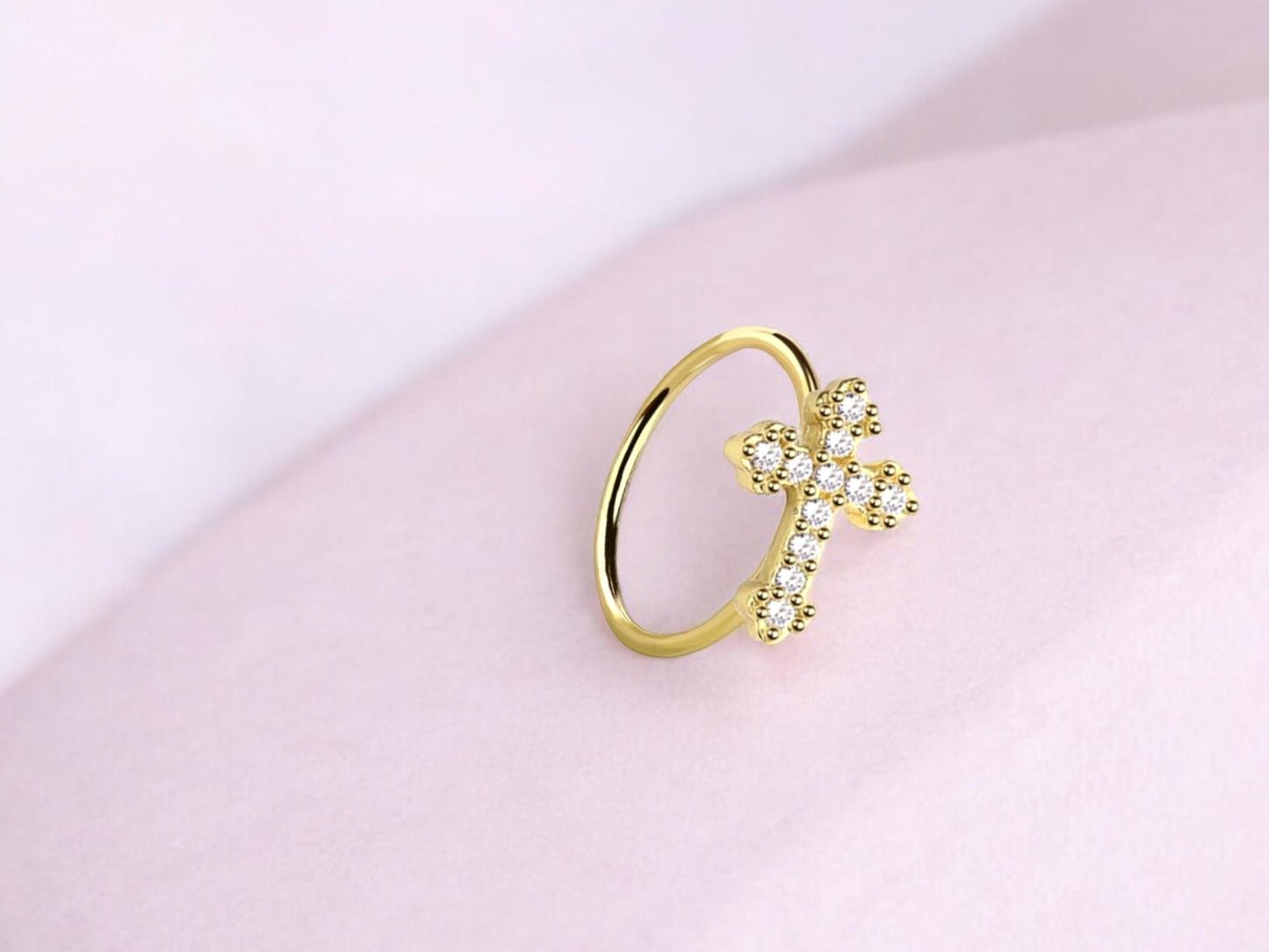 20g Gold Cross Nose Hoop Ring, Sparkle Gem Cross Decor Top Bendable Nose Ring, Nose Hoop Piercing Jewelry, Gold Nose Hoop Ring Piercing.