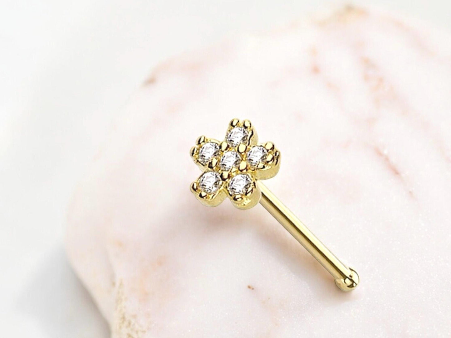 14K Gold Flower Nose Stud, Flower Top Sparkle Gem Nose Stud,20g Thin Nose Stud Ball End Nose Bone Stud Elegant Flower Nose Piercing Jewelry