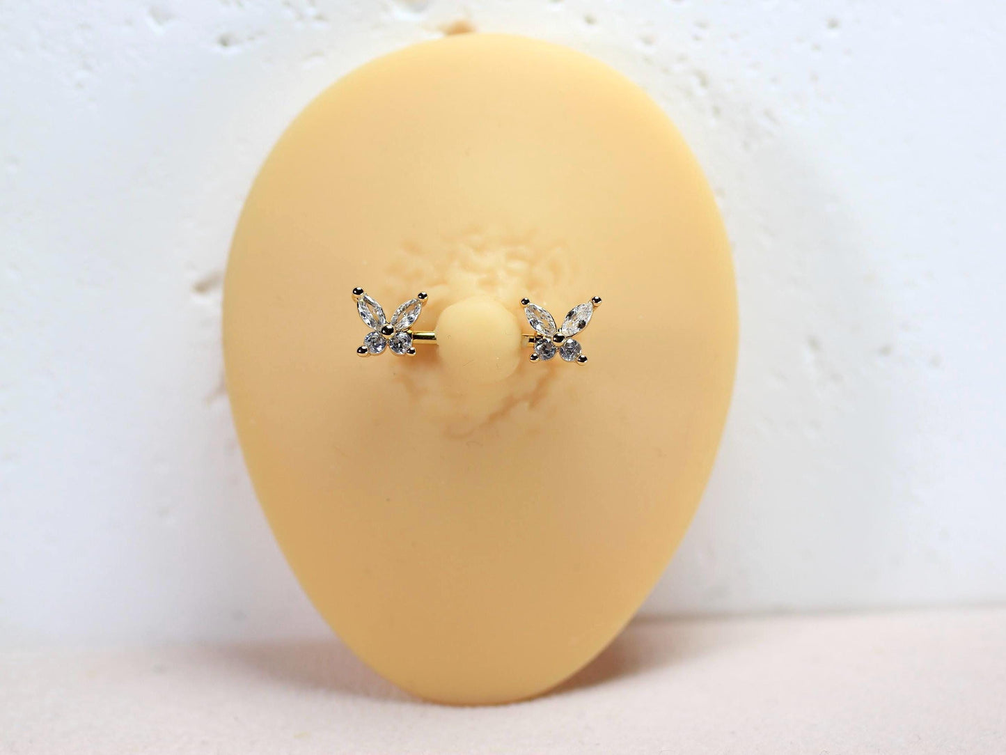 Gold Butterfly Nipple Ring, Marquise Gem Butterfly Nipple Piercing Barbell, 14g Gold Nipple Ring, Surgical Steel Body Jewelry