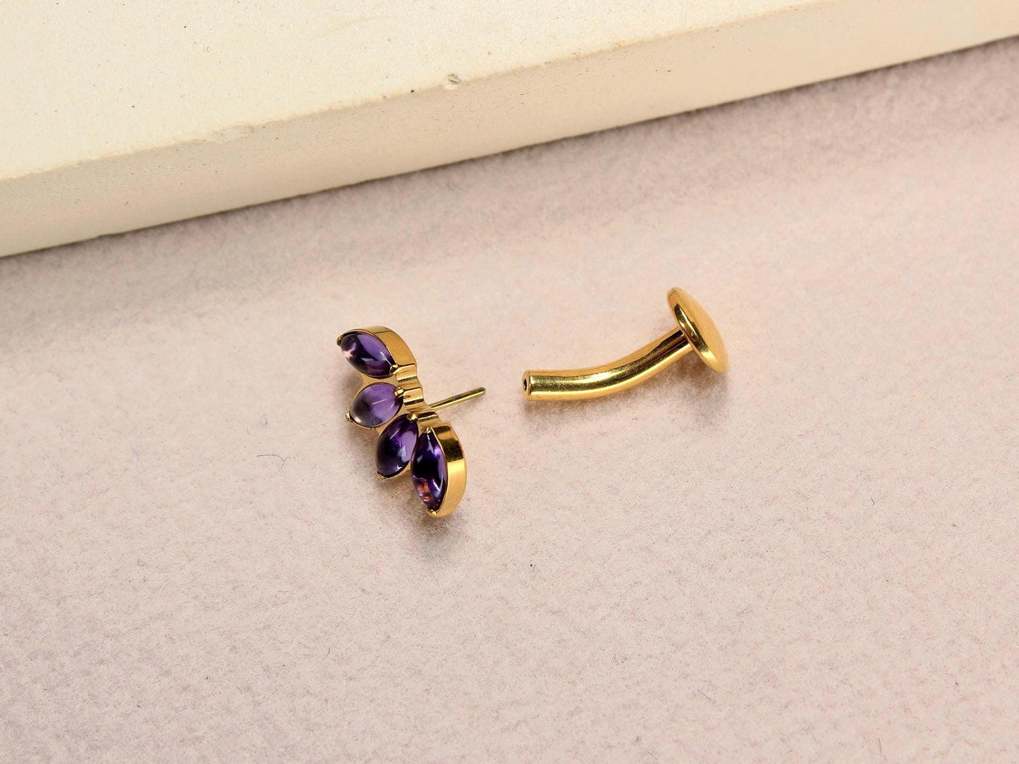 14G Titanium Belly Button Ring, Purple Stone Lotus Floral Threadless Push In Belly Ring Piercing, Floating Navel Ring Jewelry