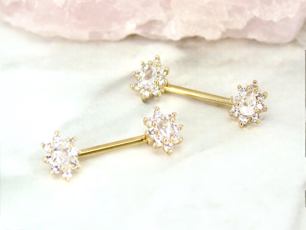 Oval Gem Nipple Ring, Floral Sparkle Gem Nipple Piercing Jewelry Cluster Decor Lightweight Nipple Barbell Ring Body Piercing Jewelry