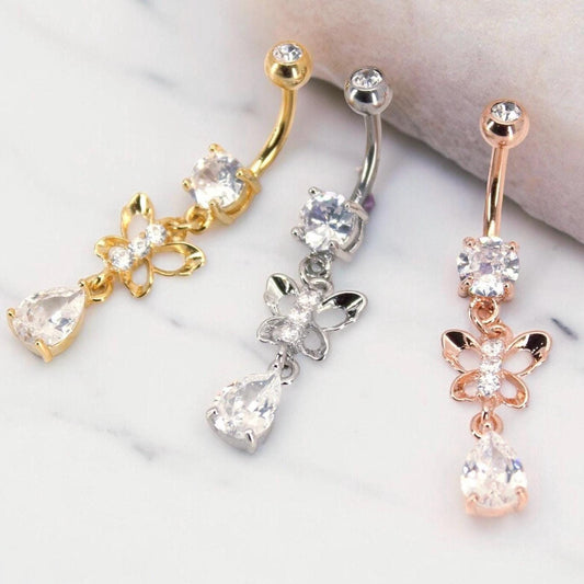 Butterfly Dangling Belly Ring, Teardrop Sparkle Dangling Belly Button Ring Piercing, Navel Piercing Ring Body Jewelry, Gold Belly Jewelry