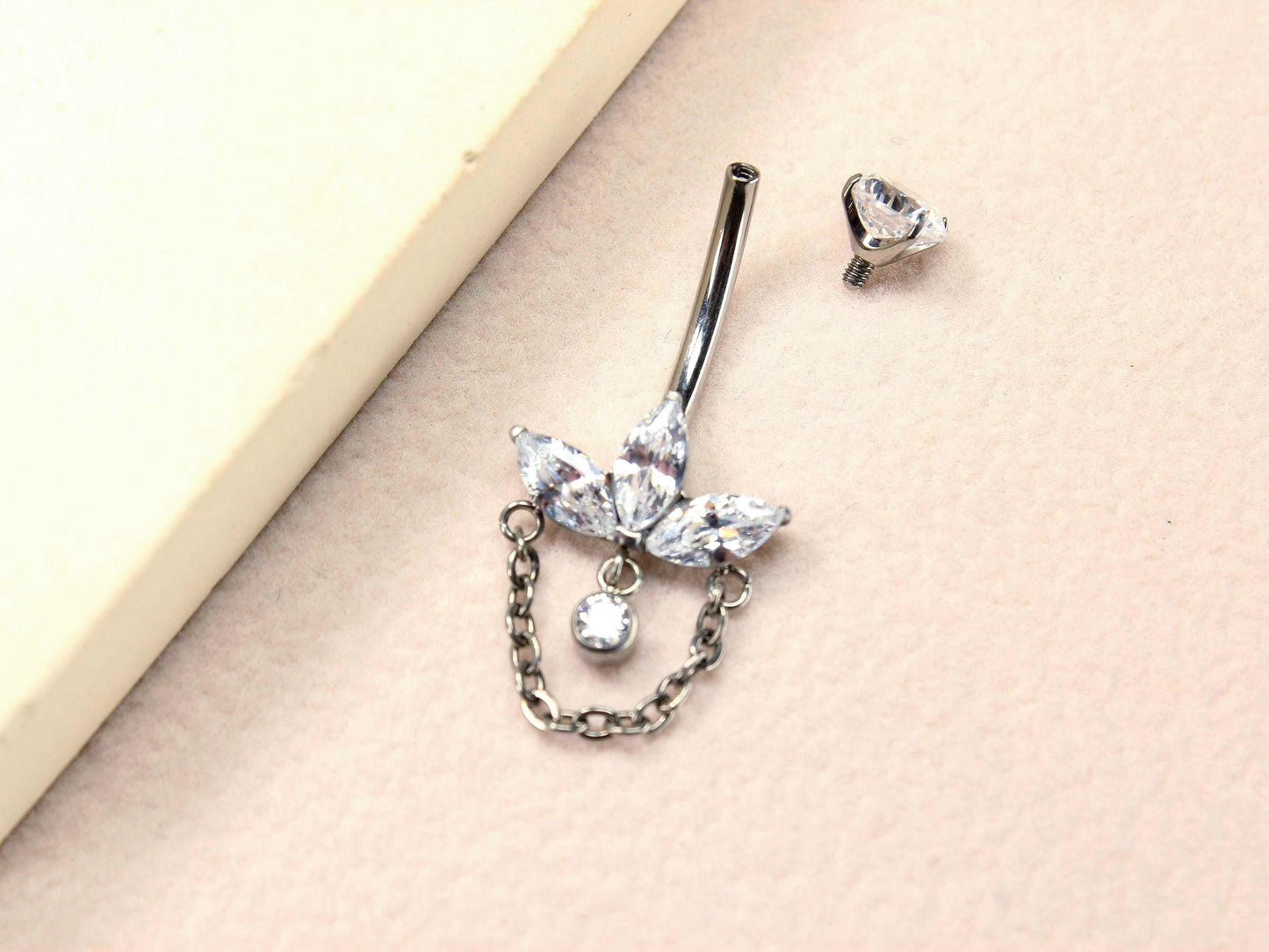 14g Titanium Belly Button Ring, Floral Lotus Dangling Chain Belly Ring, Marquise Gem Charm Belly Piercing Jewelry, Navel Body Jewelry