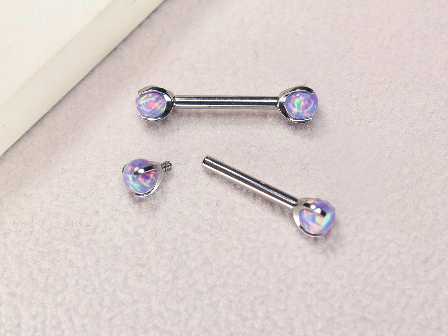 14G Titanium Nipple Barbell, Blurple Opal Ball End Nipple Ring Piercing, Pair of Purple Nipple Sheild Body Jewelry, Minimalist Jewelry
