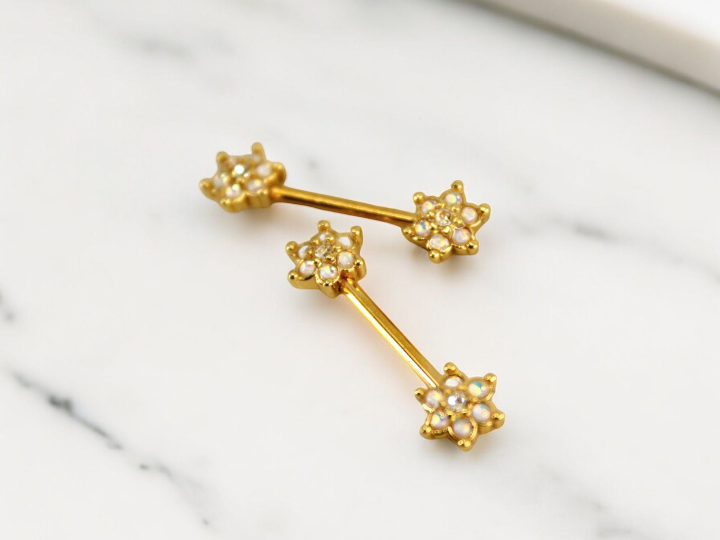 Moonstone Flower Nipple Ring, Floral Decor Moonstone Gem Nipple Piercing Barbell, 14g Gold Nipple Barbell Body Jewelry
