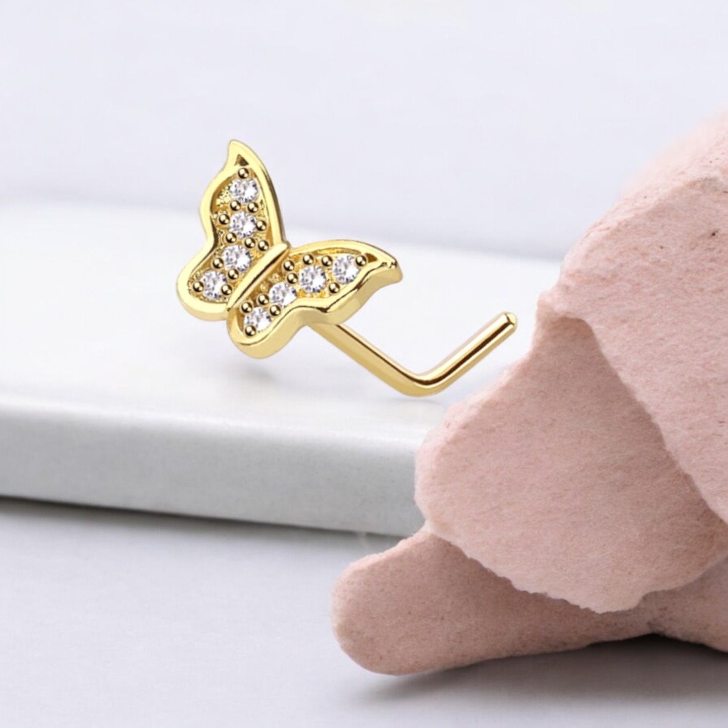 Gold Butterfly Nose Stud, 20g Dainty CZ Decor Butterfly Nose Piercing Body Jewelry, L shape Nose Piercing Ring, Thin Nose Stud Jewelry.