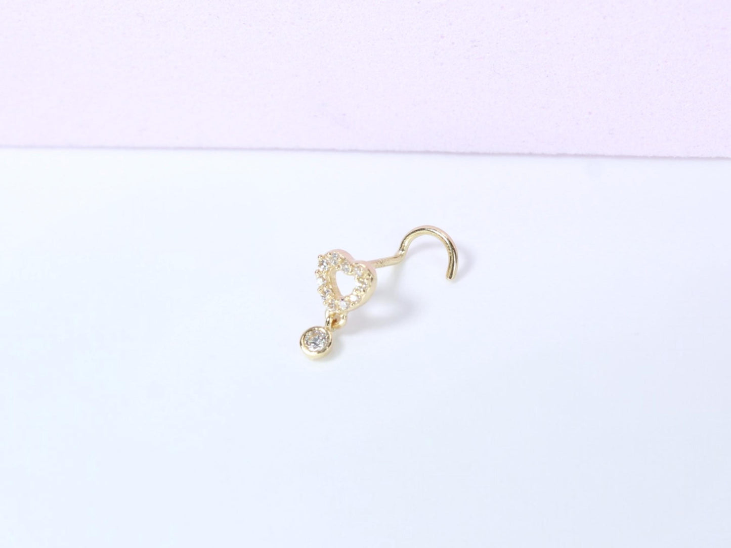 14K Gold Heart Nose Stud, 20g Dainty Dangling Gem L Shape Corkscrew Nose Stud, Gold Nose Jewelry, L Bend Screw Nose Piercing Stud Ring