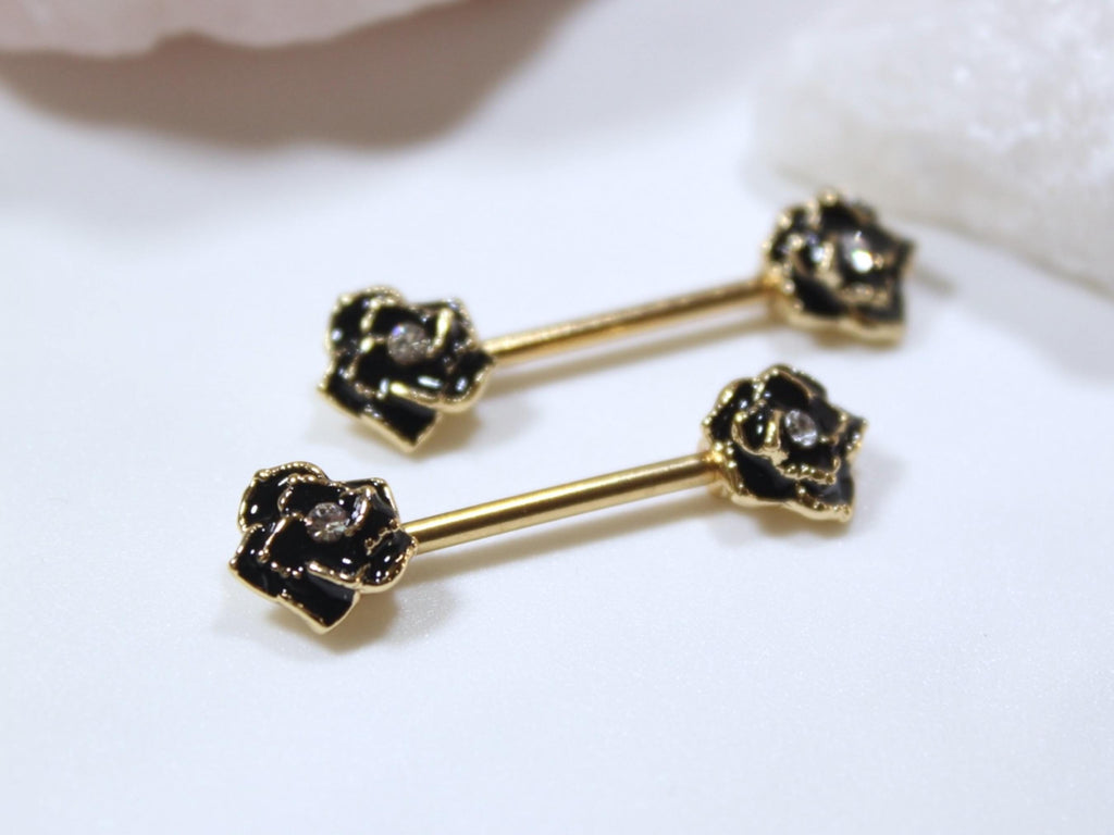 Black Rose Nipple Barbell Jewelry, 14g Rose Nipple Ring, Floral Nipple Piercing Jewelry, Personalized Body Jewelry