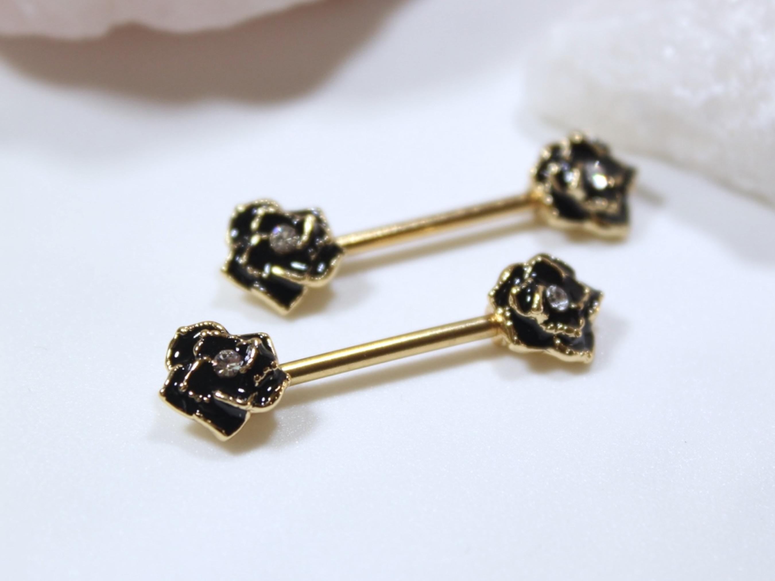 Black Rose Nipple Barbell Jewelry, 14g Rose Nipple Ring, Floral Nipple Piercing Jewelry, Personalized Body Jewelry