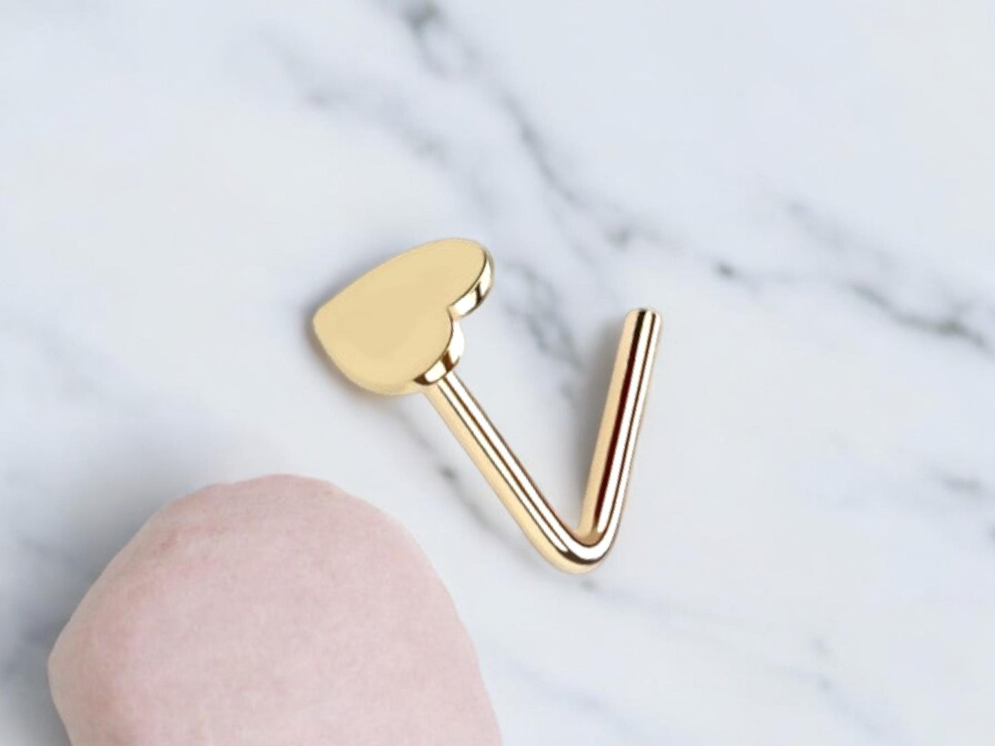 14K Gold Heart Nose Stud, Heart Top Nose Stud, 20g Thin Nose Stud L- Shape Bend Nose Bone Stud, Simple Style Elegant Nose Piercing Jewelry