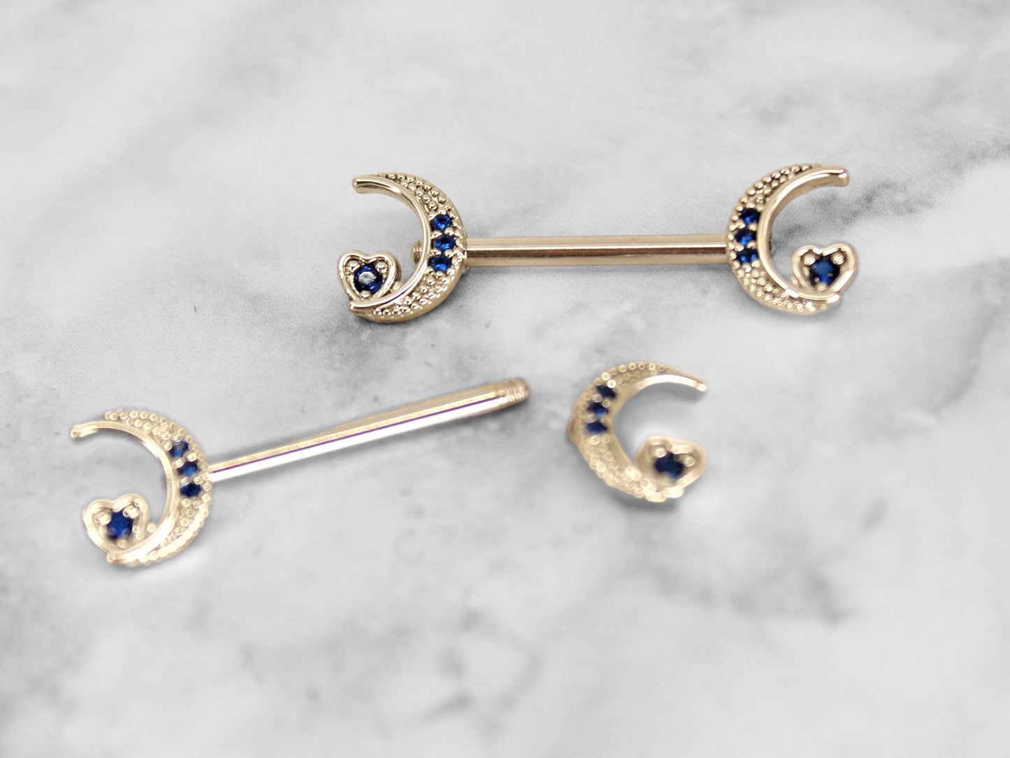 Crescent Moon Nipple Ring, Blue Sapphire Gem Crescent Moon & Heart Nipple Piercing Jewelry Barbell, 14g Nipple Ring Body Jewelry