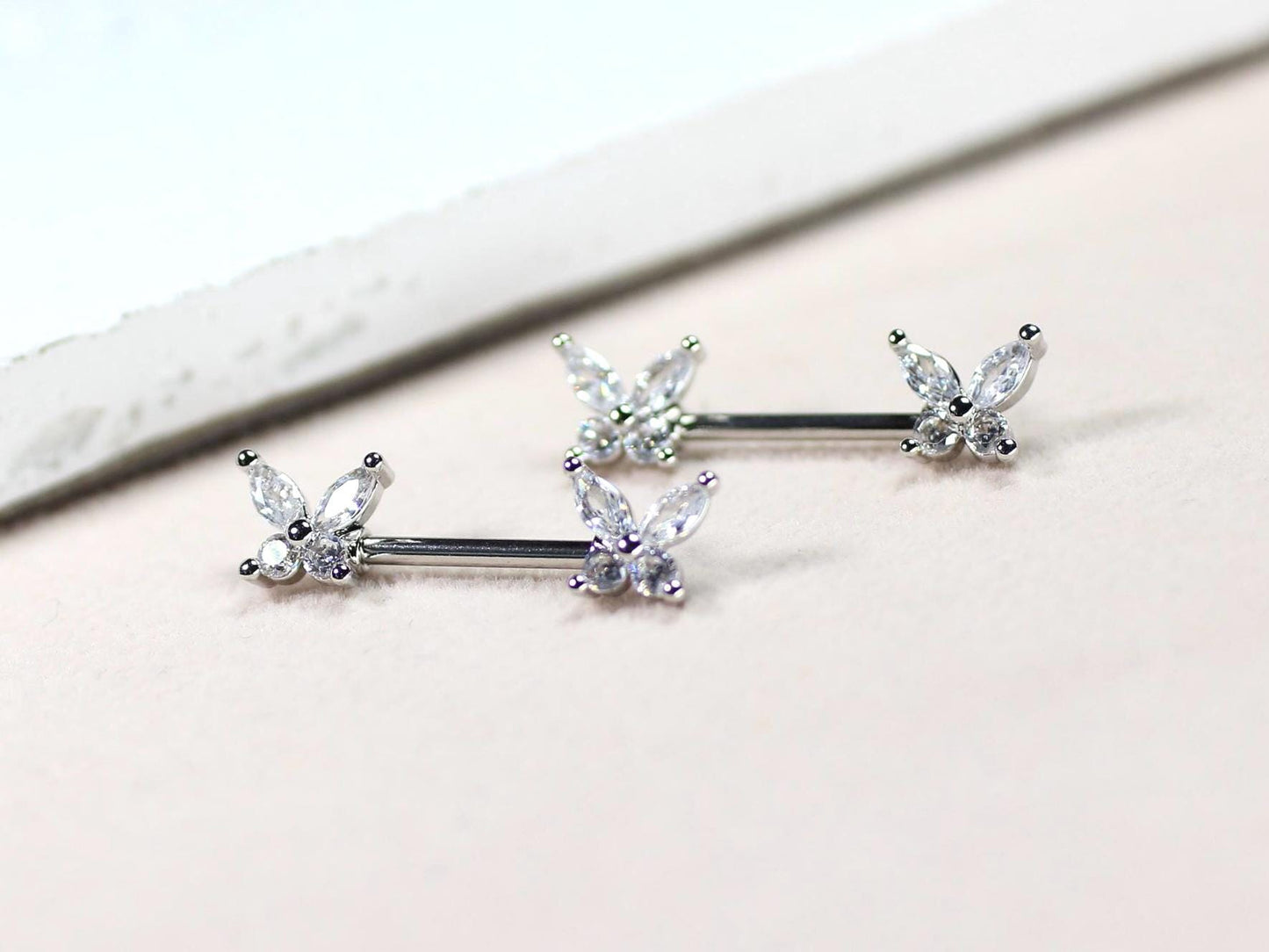Silver Butterfly Nipple Ring, Dainty Marquise Gem Butterfly Nipple Piercing Barbell, 14g Nipple Ring, Surgical Steel Body Jewelry.