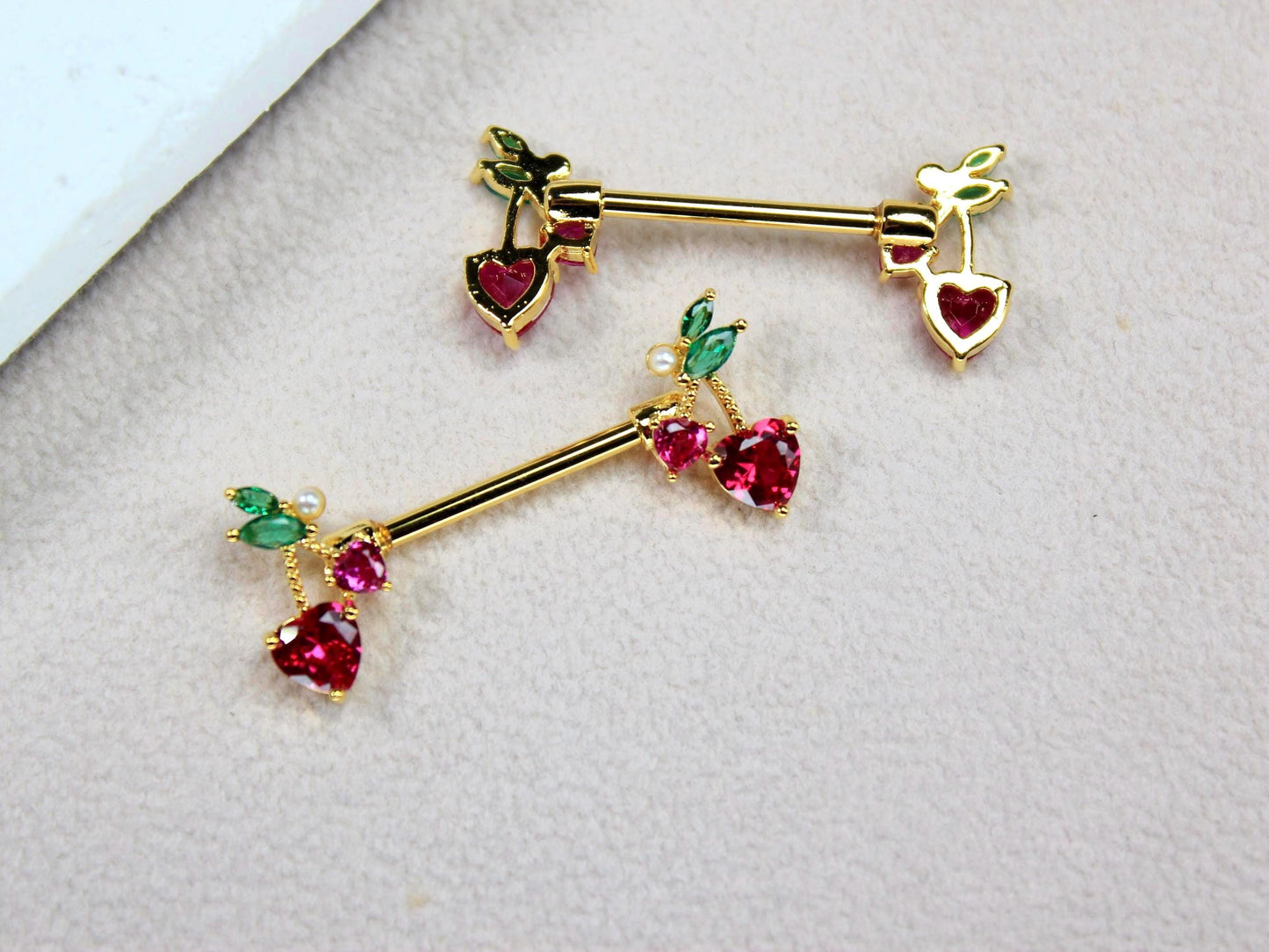14g Gold Nipple Barbell, Cherry Heart Drop Charm Nipple Piercing, Body Jewelry