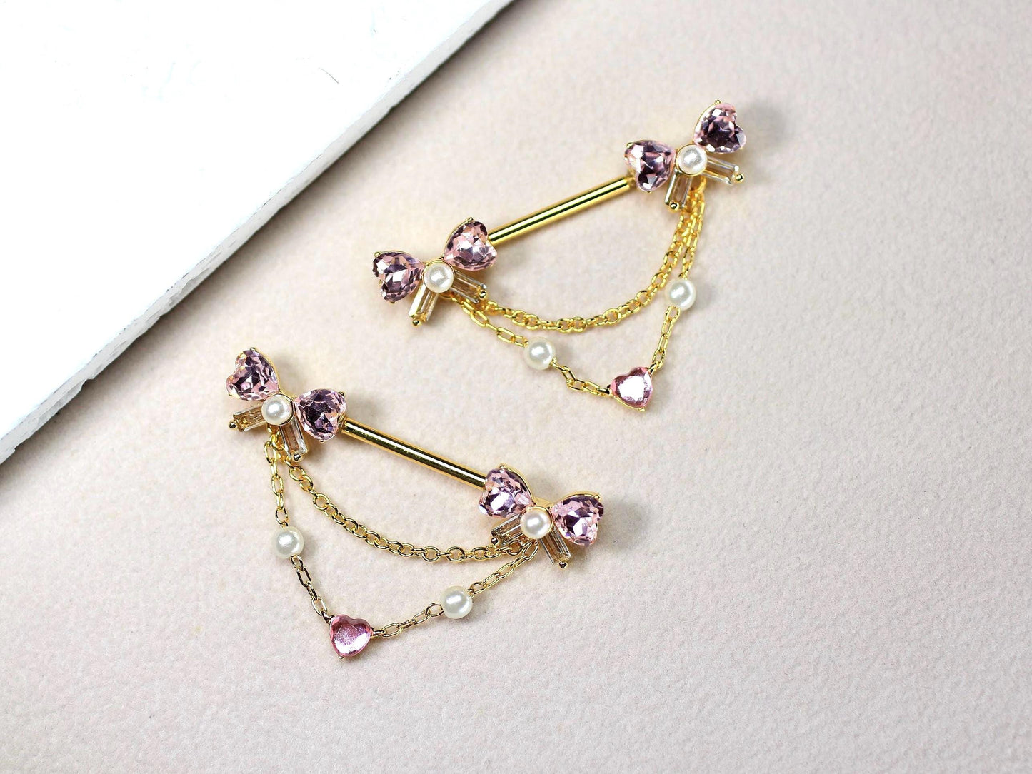 14g Gold Dangling Nipple Barbell, Bow Heart Drop Dangle Push In Nipple Piercing, Surgical Steel Body Jewelry.