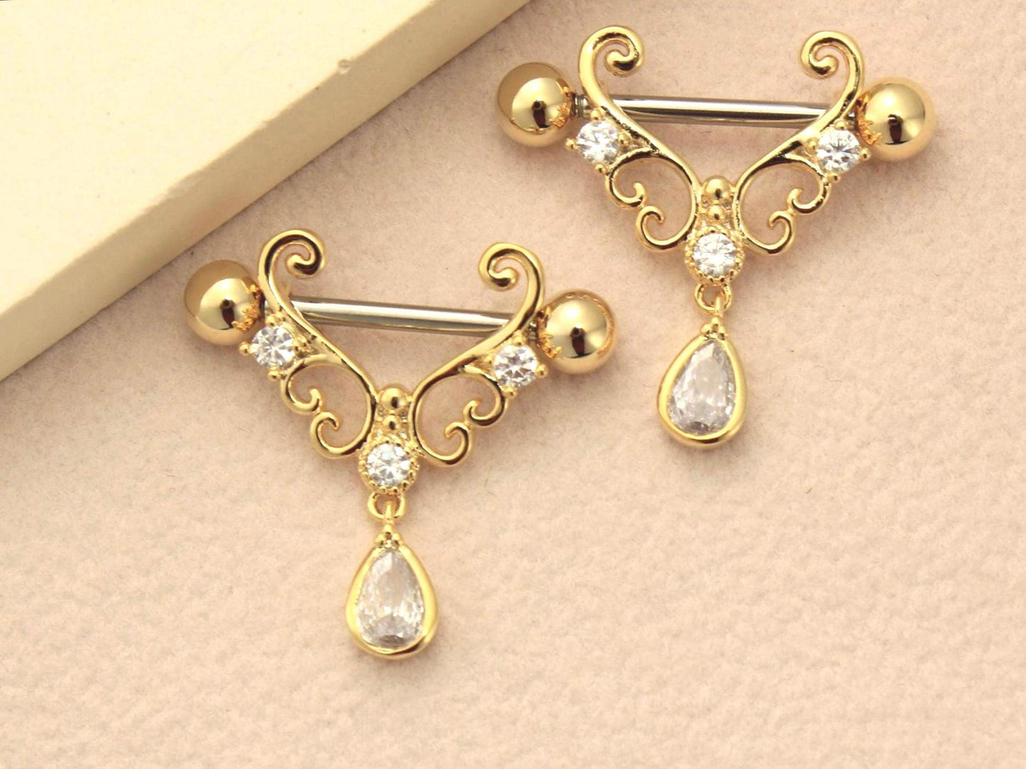 Gold Nipple Barbell Sheild, 14g Dangling Teardrop Heart Nipple Ring Jewelry , Pair of 2  Nipple Piercing, Gold Body Jewelry