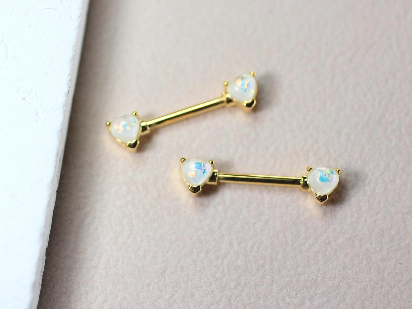 White Opal Heart Nipple Ring, Pair of Gold White Glitter Nipple Piercing Jewelry, 14g Gold Body Piercing Jewelry, Surgical Steel Jewelry