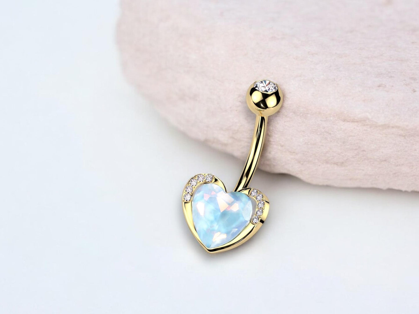 14G Gold Aqua CZ Heart Belly Button Ring – Paved Navel Jewelry