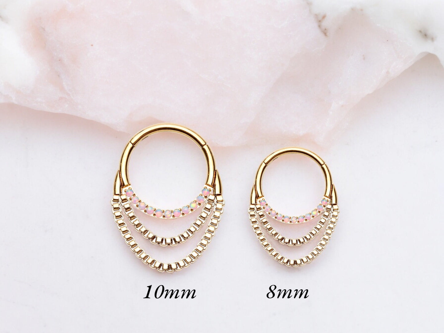 16G Gold Dangling Chain Septum Clicker Ring. Double Chain Opal Septum Hoop Ring. Septum Nose Jewelry, Septum Piercing Ring