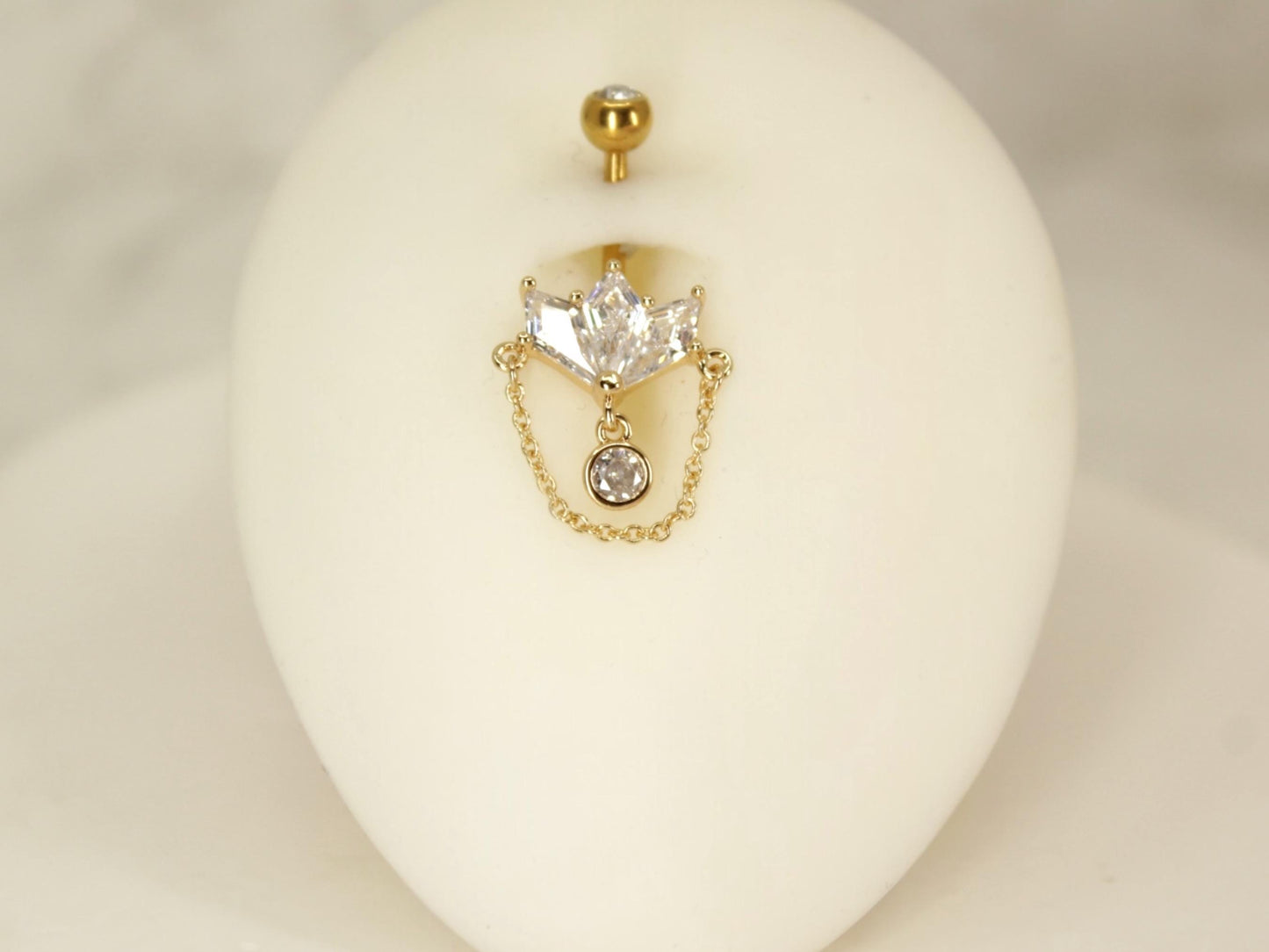 14g Gold Belly Button Ring, Marquise Gem Petal Decor Chain Charm Belly Button Piercing Jewelry, Gold Dangling Navel Bar Body Jewelry