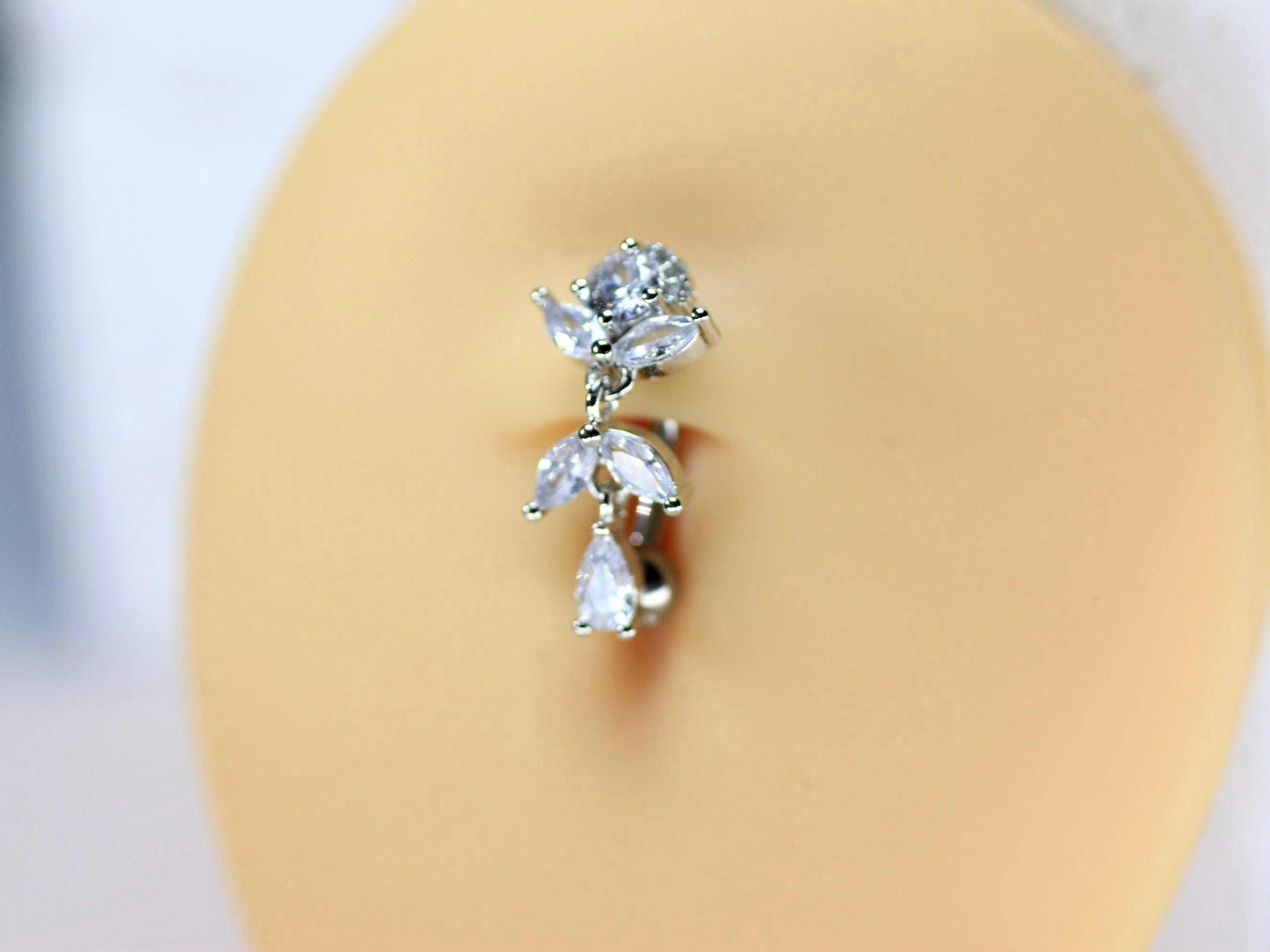 Implant Grade Titanium Belly Button Ring,14g Silver Floral Top Down Inverted Belly Ring,Dangling Navel Piercing, Hypoallergenic Body Jewelry