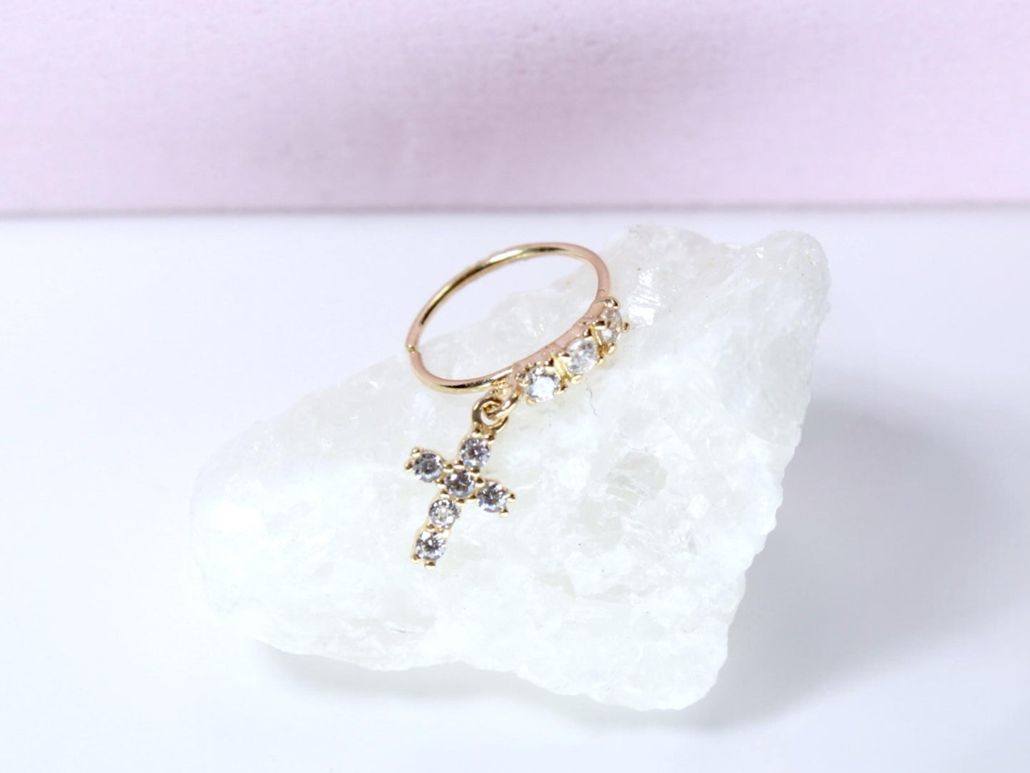 14K Gold Cross Nose Ring, 20g Dangling Cross CZ Nose Hoop Ring Jewelry, Dainty Bendable Nose Piercing Jewelry, Solid Gold Jewelry
