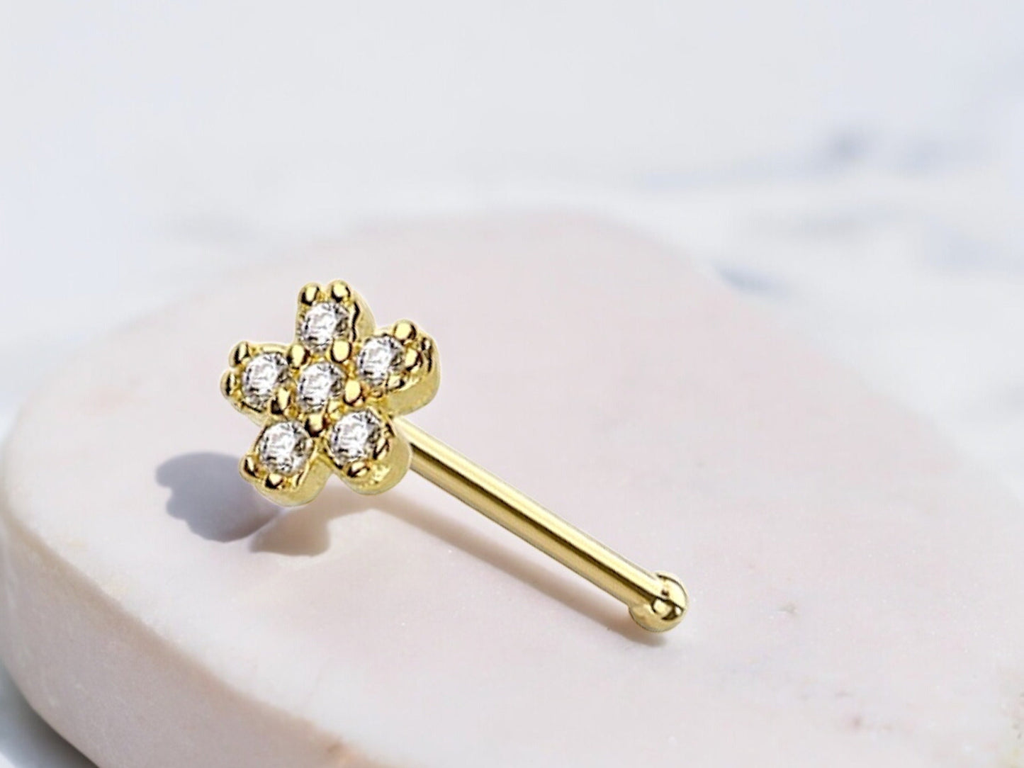 14K Gold Flower Nose Stud, Flower Top Sparkle Gem Nose Stud,20g Thin Nose Stud Ball End Nose Bone Stud Elegant Flower Nose Piercing Jewelry