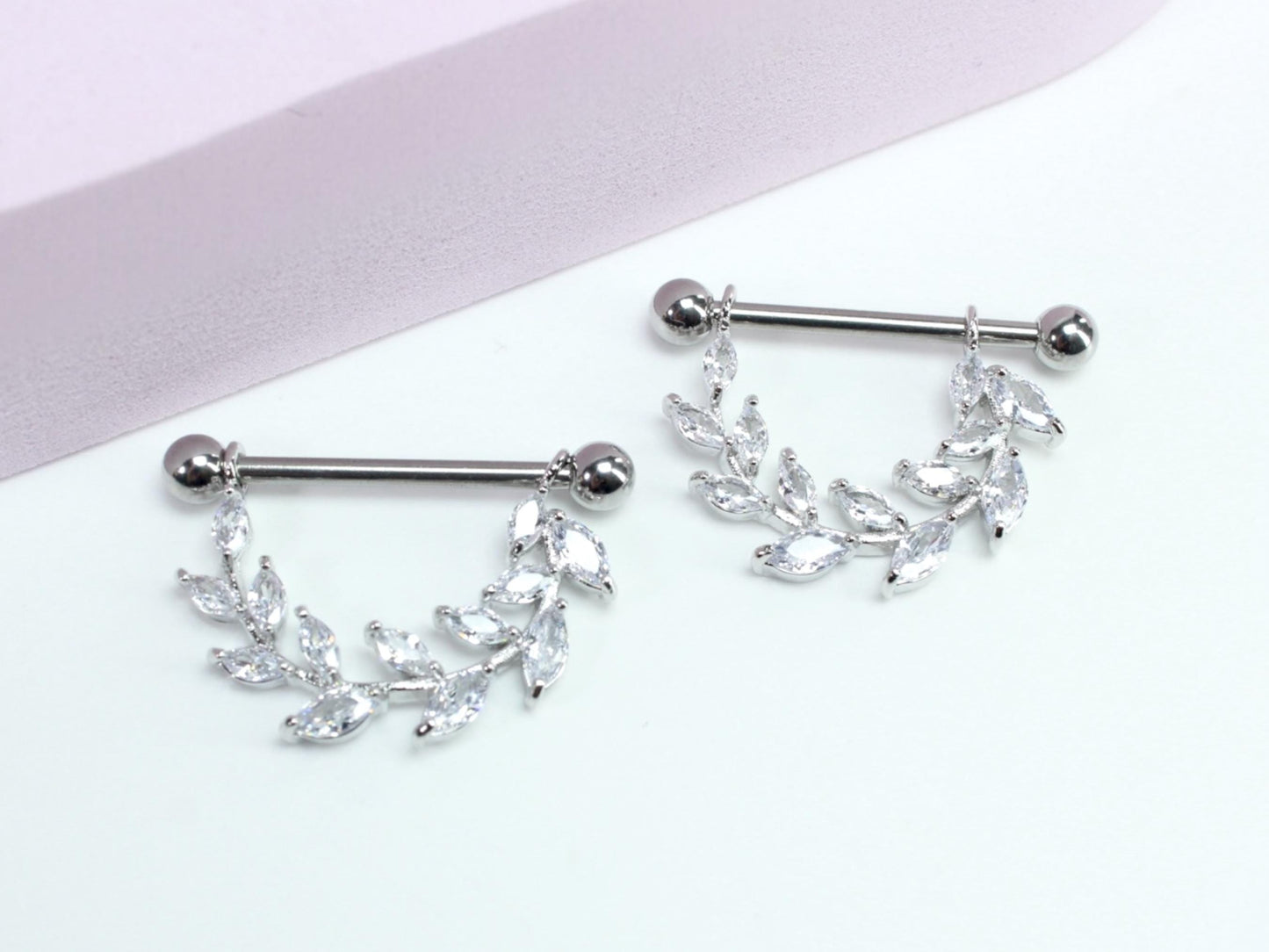 14G Marquise Leaf Nipple Barbell, Set of 2 Dainty Silver Dangling Nipple Ring, Floral Nipple Piercing Body Jewelry, Nipple Ring Jewelry