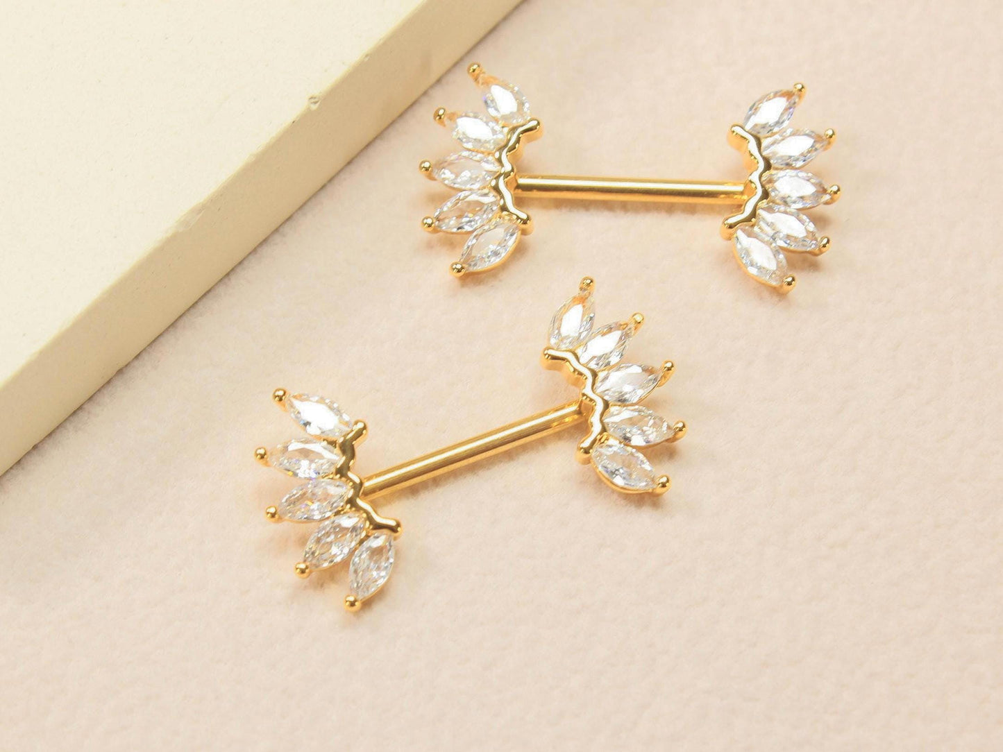 Gold Marquise Nipple Barbell, 14G Floral Petal Leaf Nipple Ring Jewelry, Pair of Leaf Nipple Piercing Jewelry, Gold Body Piercing Jewelry