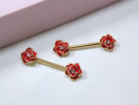 Red Rose Nipple Barbell Jewelry, 14g Rose Nipple Ring, Floral Nipple Piercing Jewelry, Personalized Body Jewelry
