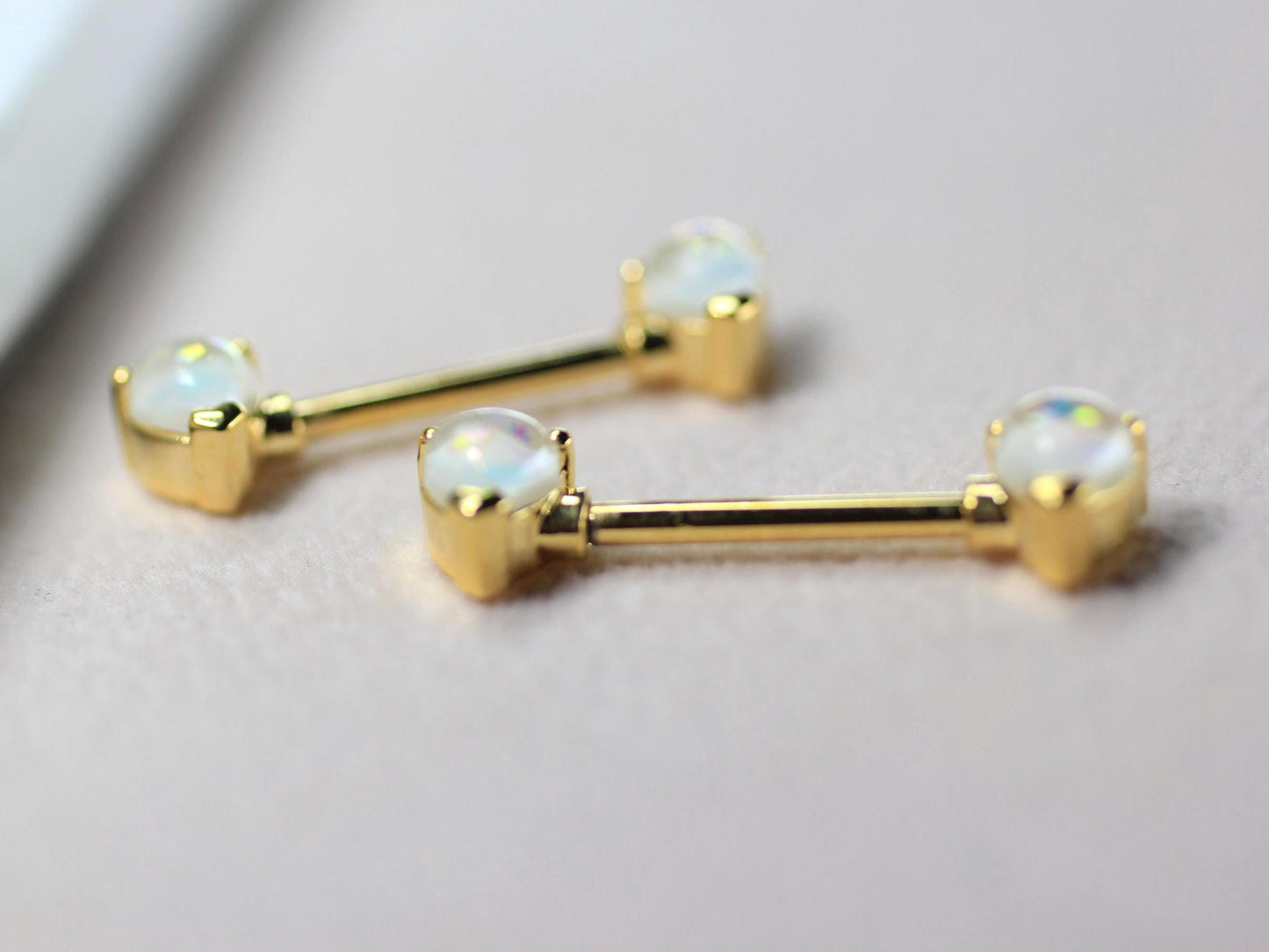 White Opal Heart Nipple Ring, Pair of Gold White Glitter Nipple Piercing Jewelry, 14g Gold Body Piercing Jewelry, Surgical Steel Jewelry