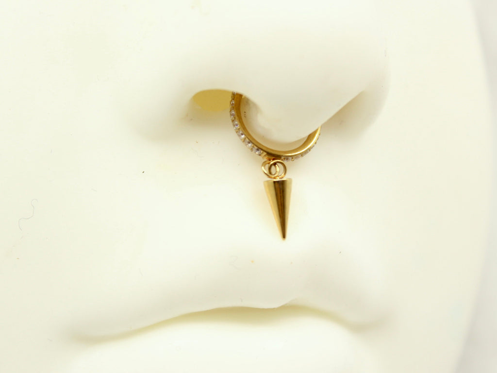 Gold Spike Dangle Hoop Ring, CZ Conch Hoop Clicker Ring, Conch Piercing Hoop Ring, Titanium Septum Daith Cartilage Piercing Earring
