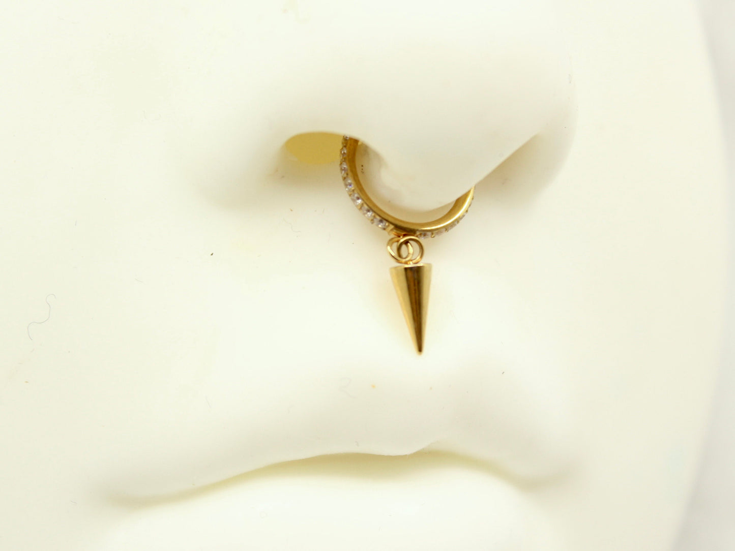 Gold Spike Dangle Hoop Ring – CZ Conch Clicker Hoop, Titanium Septum Daith Cartilage Piercing Earring.
