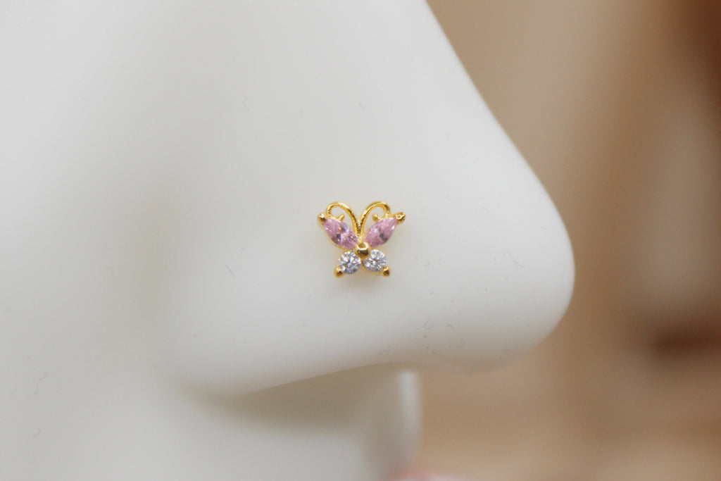 Pink Butterfly Nose Stud, Sparkle Butterfly Pink Decor Nose Piercing Stud Ring, Ball End Nose Piercing Jewelry
