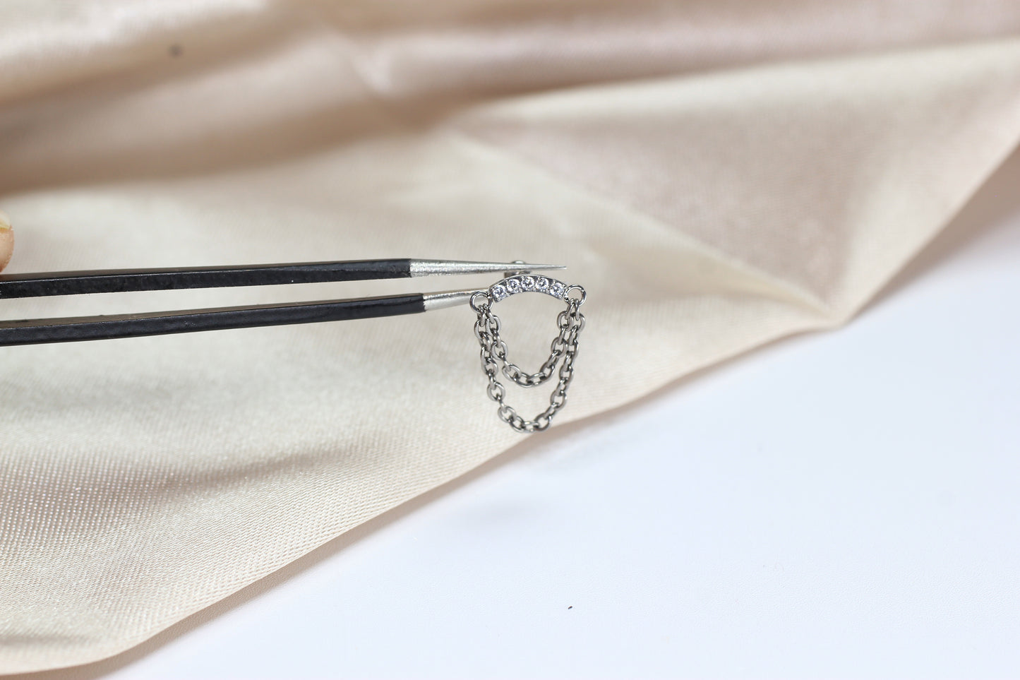 14G Silver Gem Industrial Barbell with Dainty Chain – 38mm Sparkling Gold Industrial Piercing