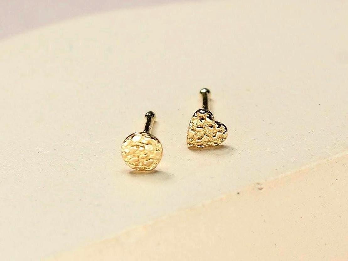 14k Gold Nugget Nose Stud, Dainty Solid Gold Nose Ring, Gold Heart Top Round Nugget Nose Bone Stud, Gold Nose Piercing Body Jewelry,