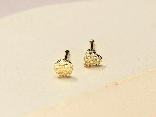 14k Gold Nugget Nose Stud, Dainty Solid Gold Nose Ring, Gold Heart Top Round Nugget Nose Bone Stud, Gold Nose Piercing Body Jewelry,