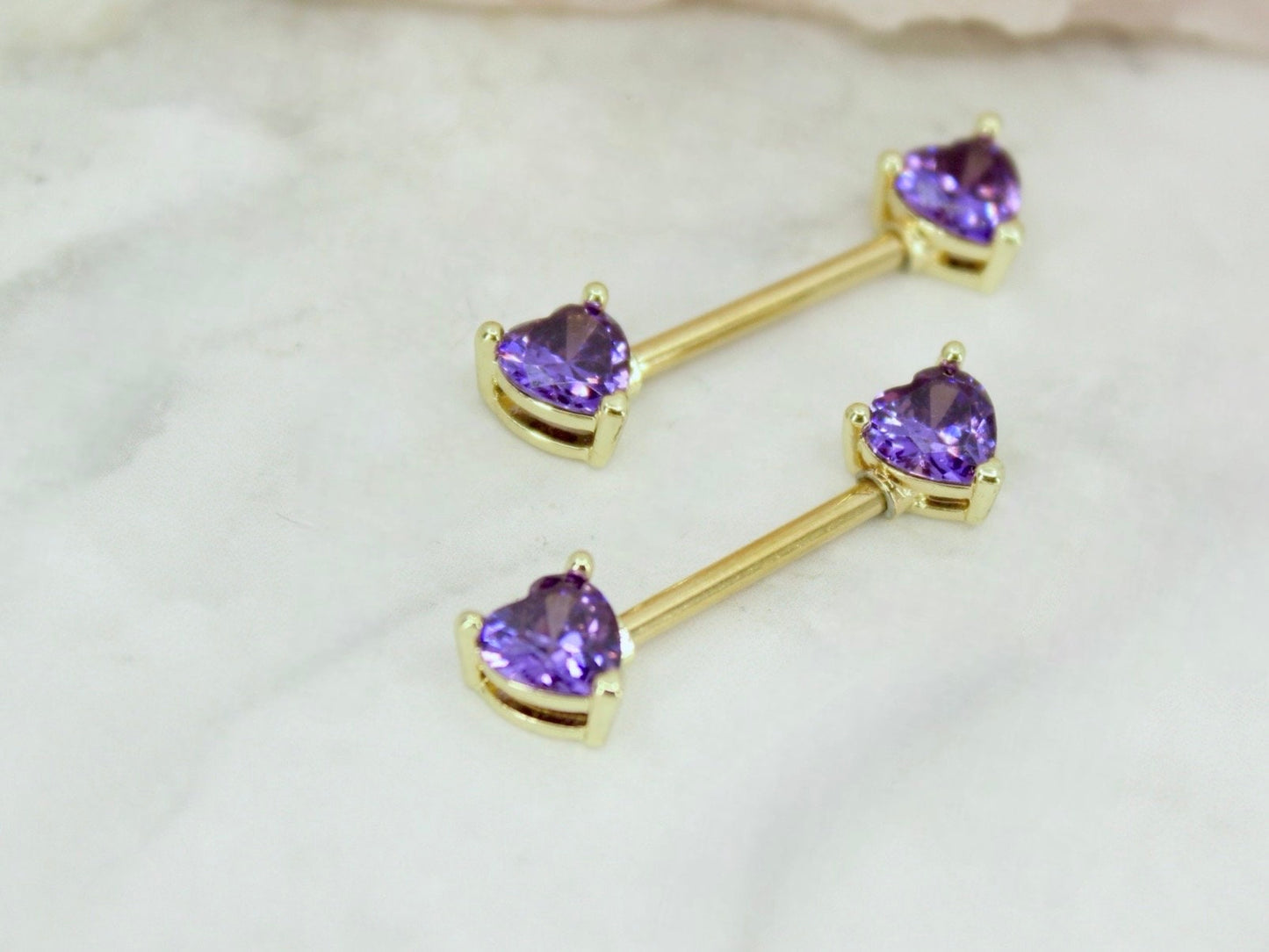14G Purple Heart Nipple Barbell, Gold Purple heart shape Nipple piercing jewelry, Body Piercing Jewelry,