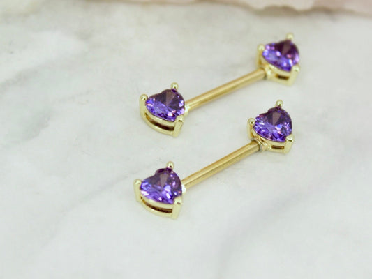 14G Purple Heart Nipple Barbell, Gold Purple heart shape Nipple piercing jewelry, Body Piercing Jewelry,