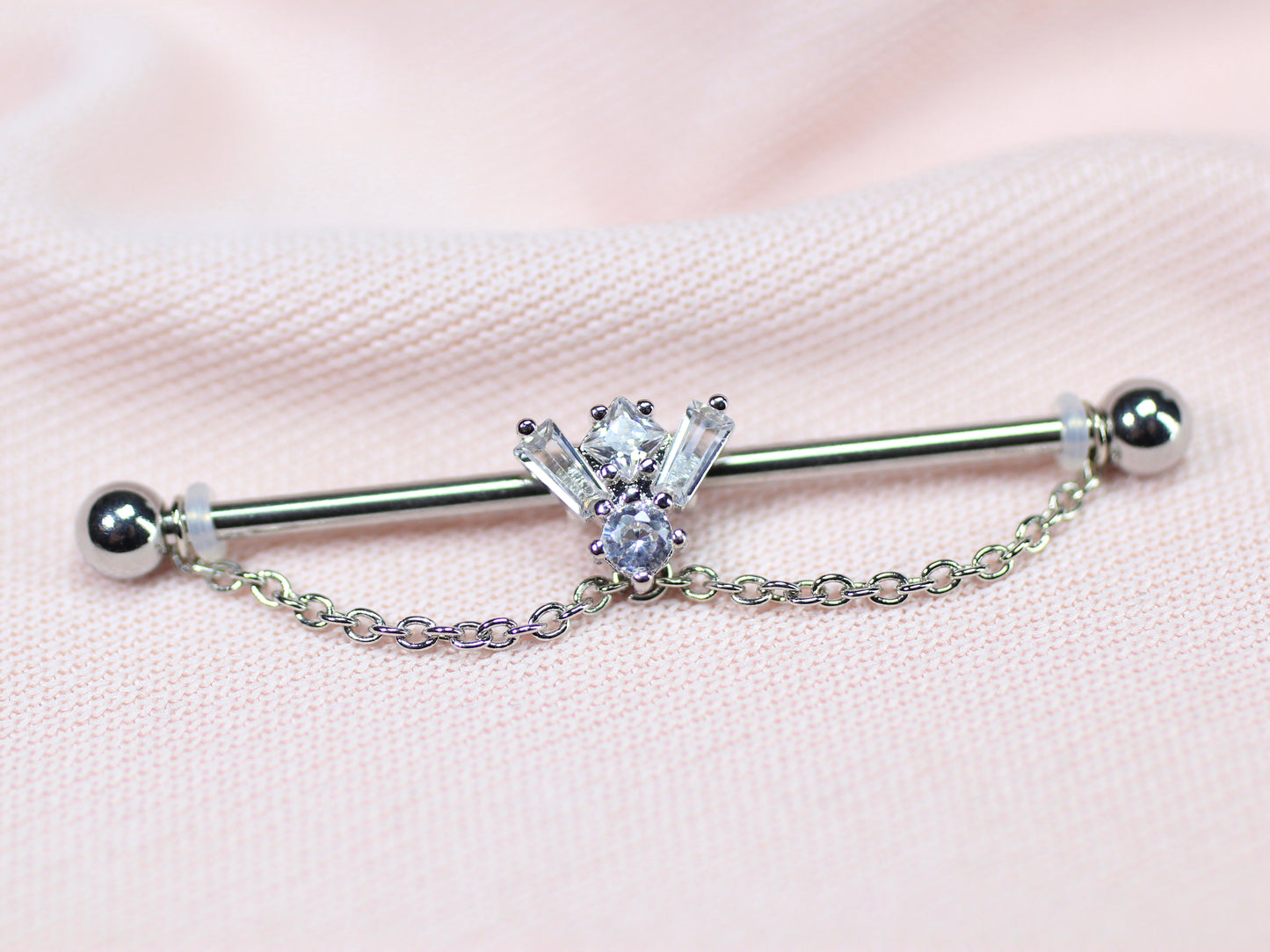 14G Silver Gem Industrial Barbell with Dainty Chain – 38mm Sparkling Gold Industrial Piercing