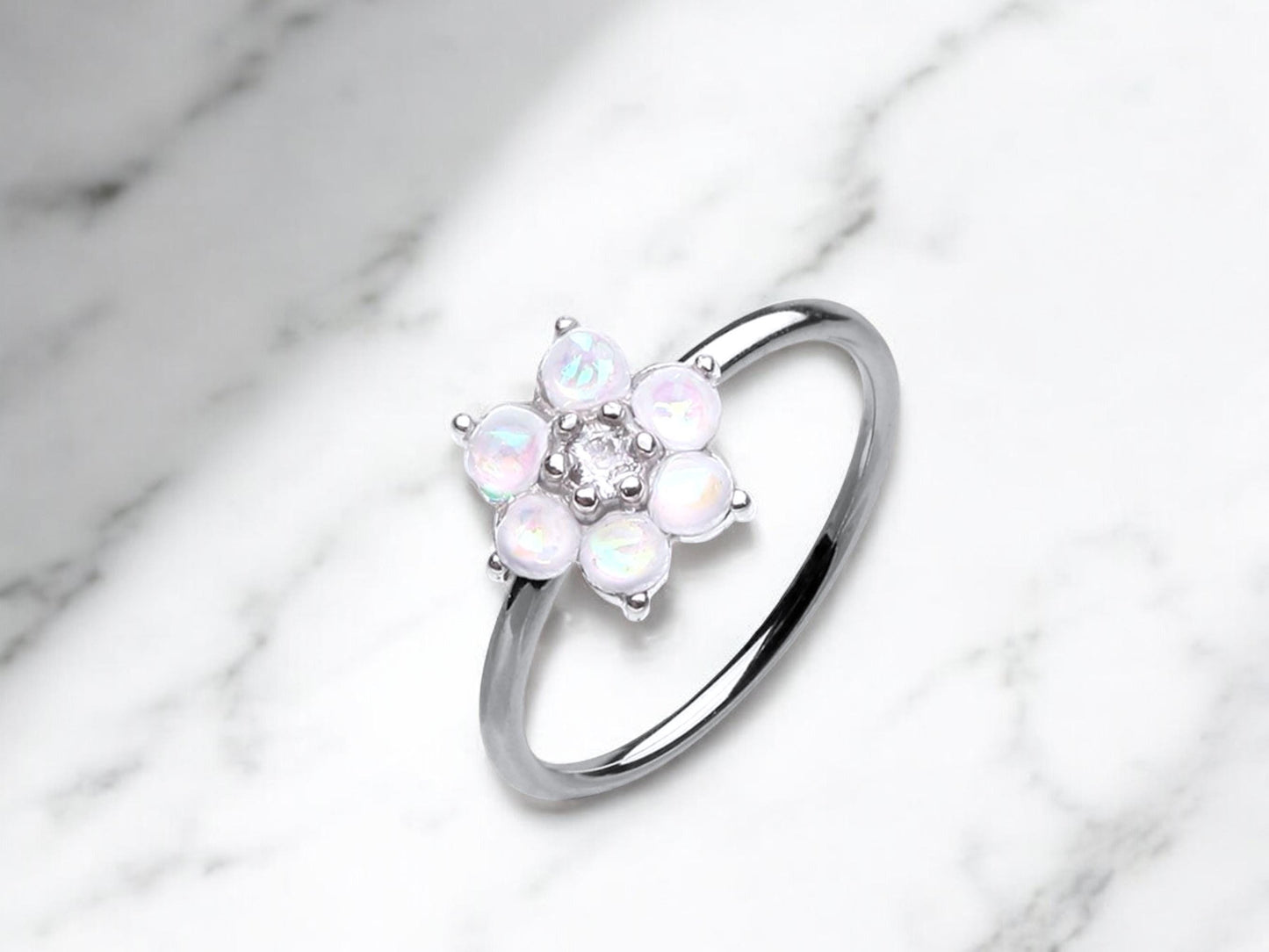 20g Opal Flower Nose Ring, Floral Top Opal Nose Hoop Ring, Jewelry, thin nose Ring Cartilage Hoop Ring, Hypoallergenic Nose Jewelry