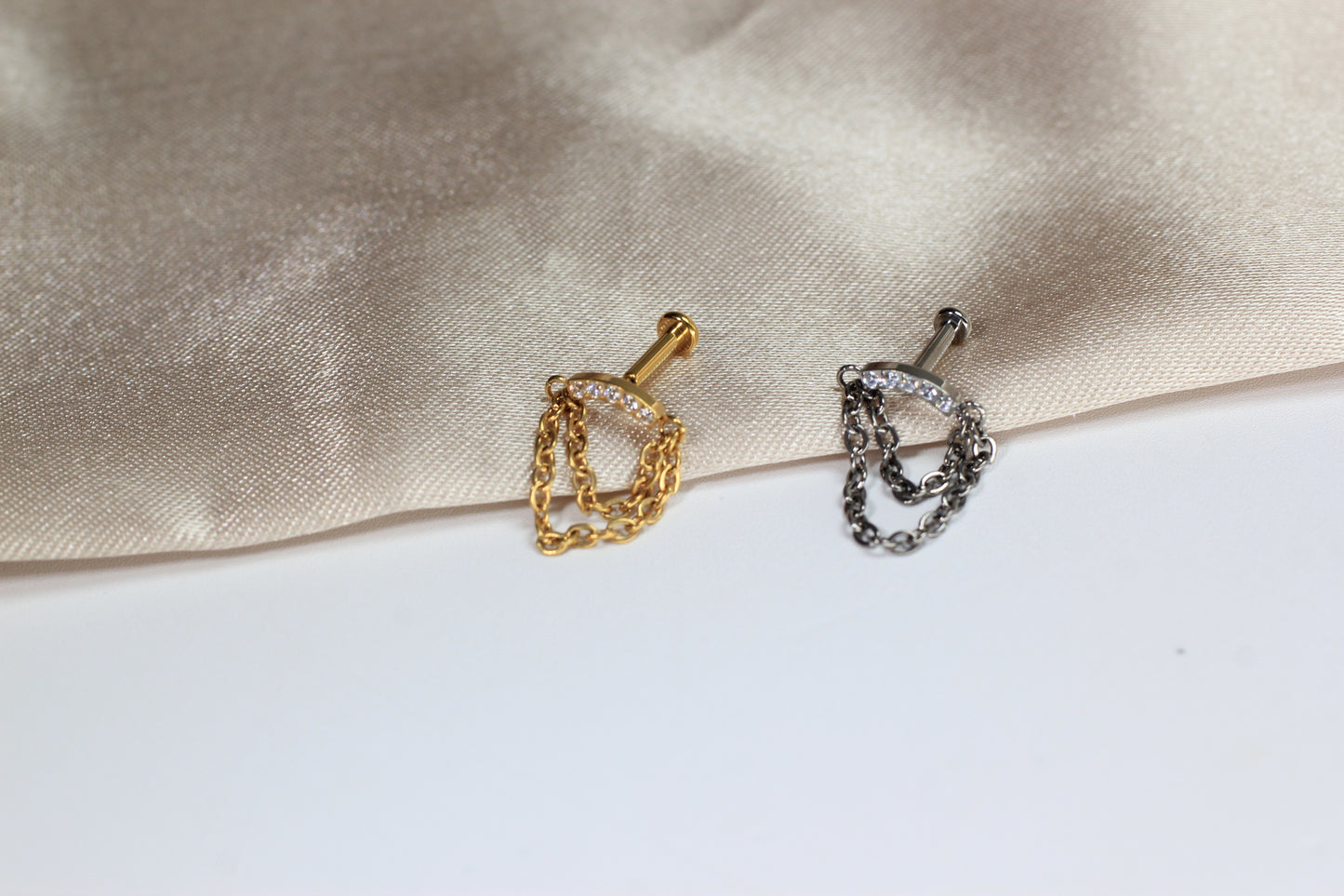14G Silver Gem Industrial Barbell with Dainty Chain – 38mm Sparkling Gold Industrial Piercing