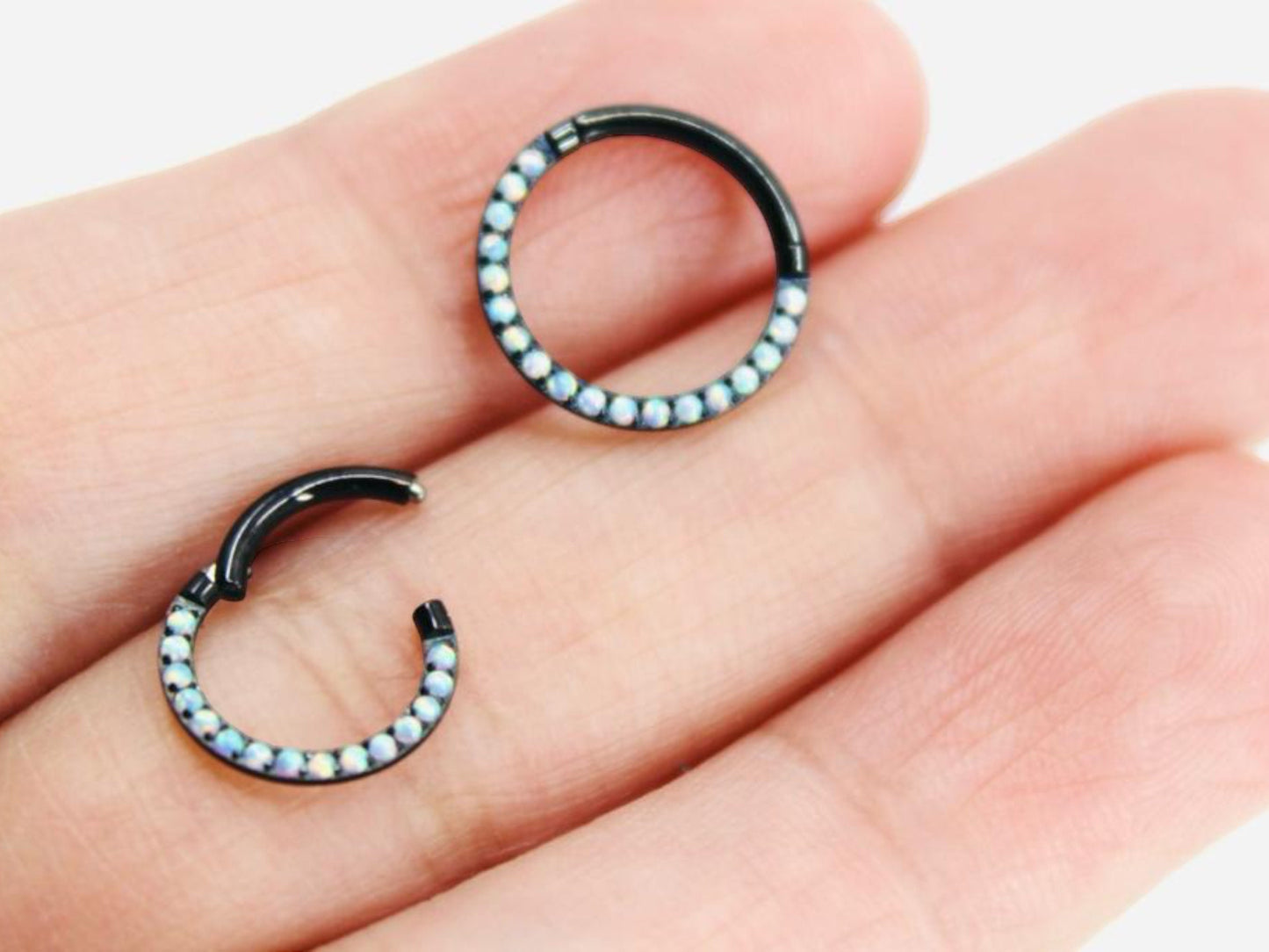16g White Opal Titanium Septum Piercing Hoop Ring, White Opal Gem Black Hoop Ring, Daith Cartilage Septum Nose Ring Piercing Jewelry