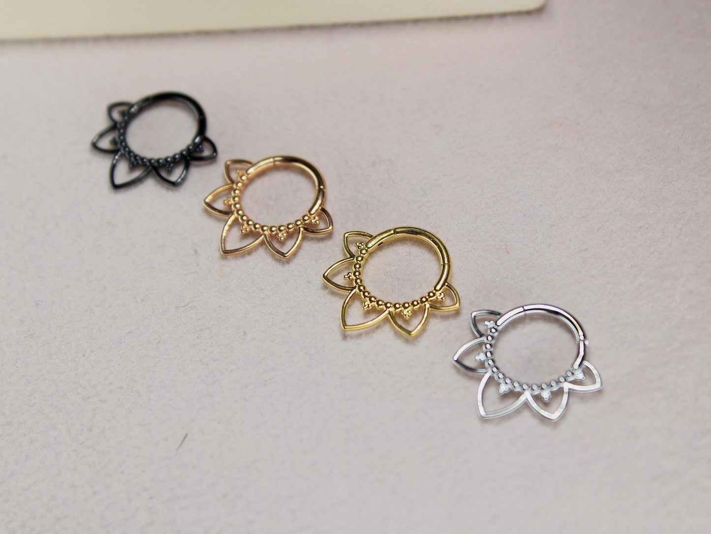16g Titanium Lotus Septum Clicker Ring, 8mm 10mm Beaded Decor Floral Septum Nose Piercing, Gold Septum Hoop Ring Body Jewelry