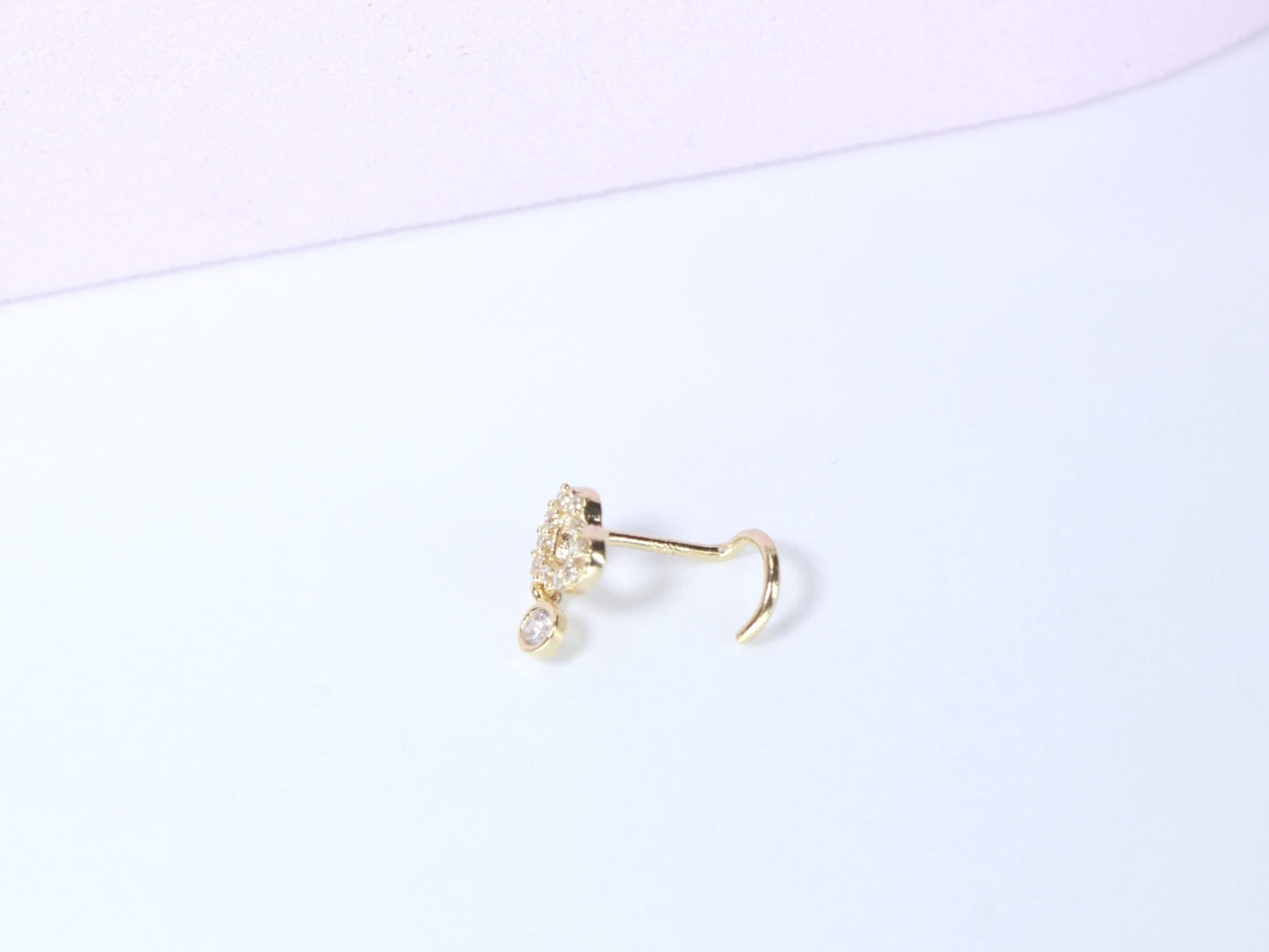 14K Gold Heart Nose Stud, 20g Dainty Dangling Gem L Shape Corkscrew Nose Stud, Gold Nose Jewelry, L Bend Screw Nose Piercing Stud Ring