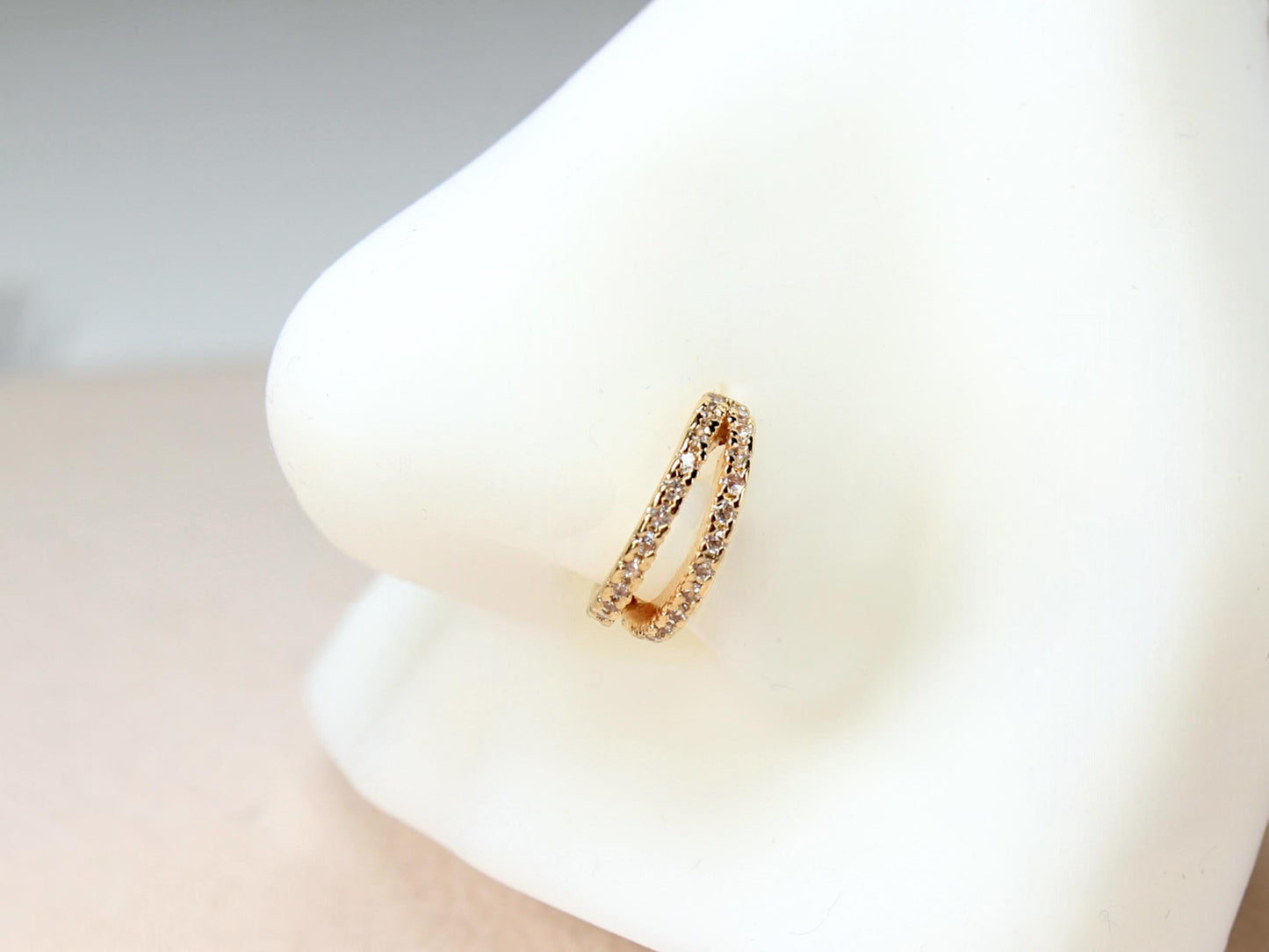 20G Gold Nose Hoop Ring, Double Line CZ Bendable Nose Ring, Thin Snug Fit Nose Piercing Jewelry, Dainty Cartilage Piercing, Body Jewelry