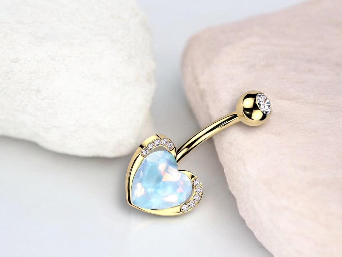 14G Gold Aqua CZ Heart Belly Button Ring – Paved Navel Jewelry