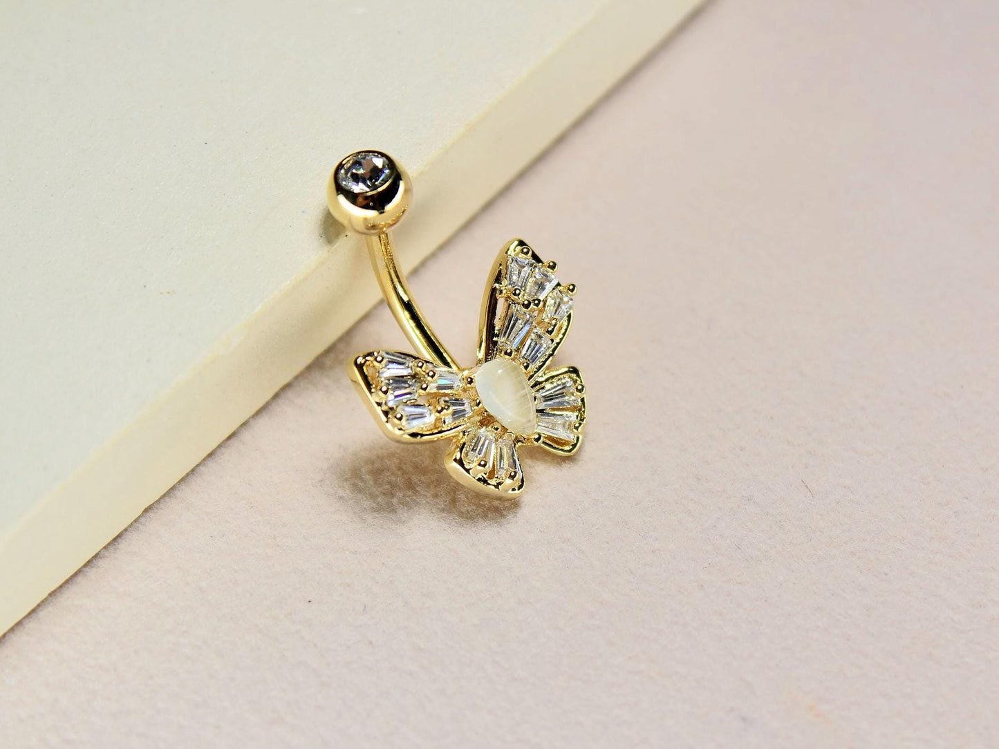 Gold Butterfly Belly Ring, 14G Dainty Belly Piercing, Baguette Gem Decor Navel Body Jewelry, Floating Belly Ring